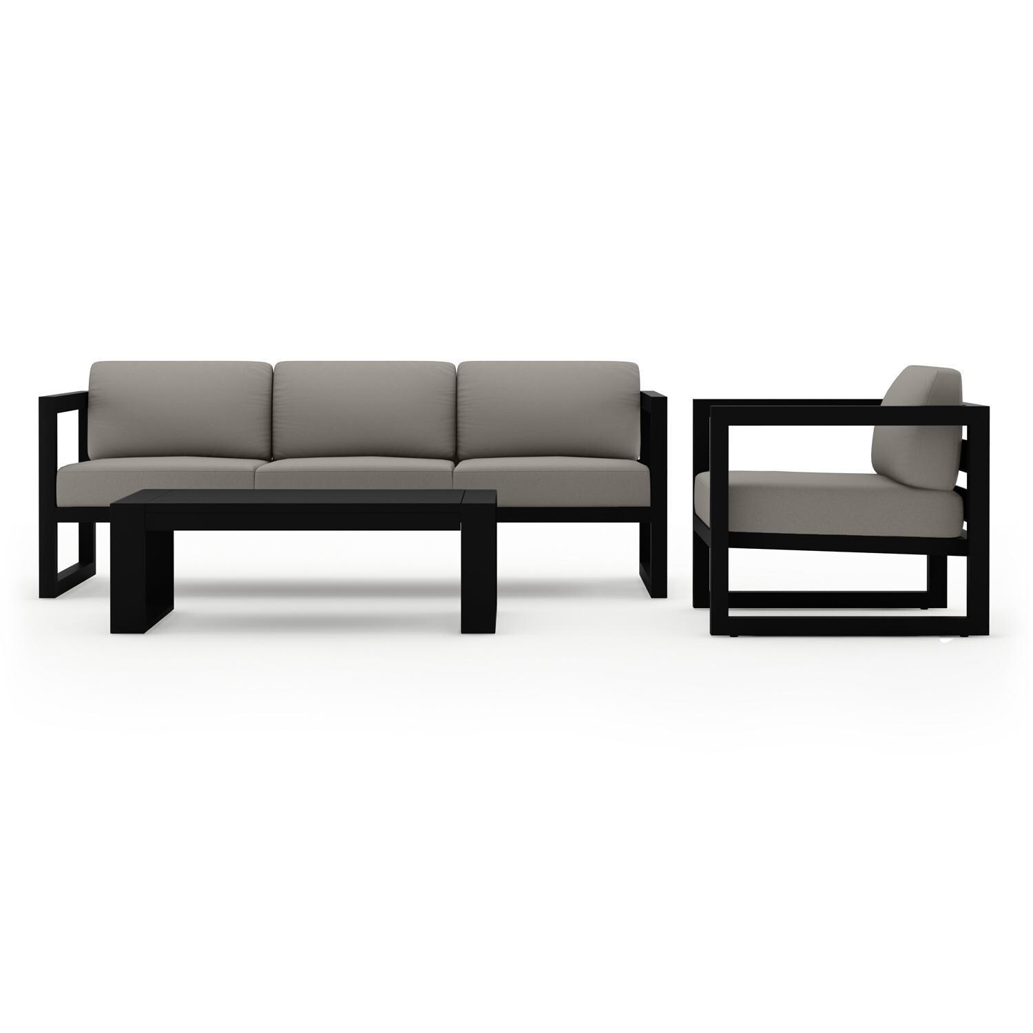 Lakeview MSTYCV-BK-3SS-CC Misty Cove 3 Pc Aluminum Seating Set In Black w/Portal Coffee Table & Canvas Charcoal Cushions by Lakeview Outdoor Designs - Set Front View - White Background thumbnail