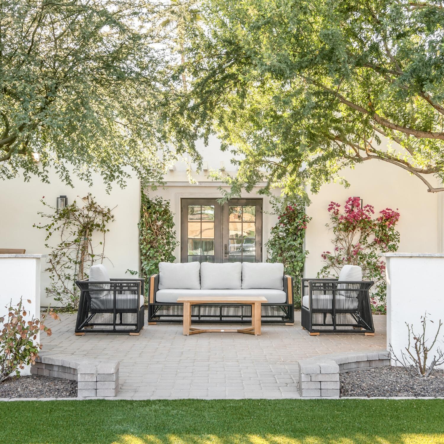 Teak + Table Breeze Olefin Rope & Teak Patio Sofa in Charcoal/Carbon - Lifestyle thumbnail