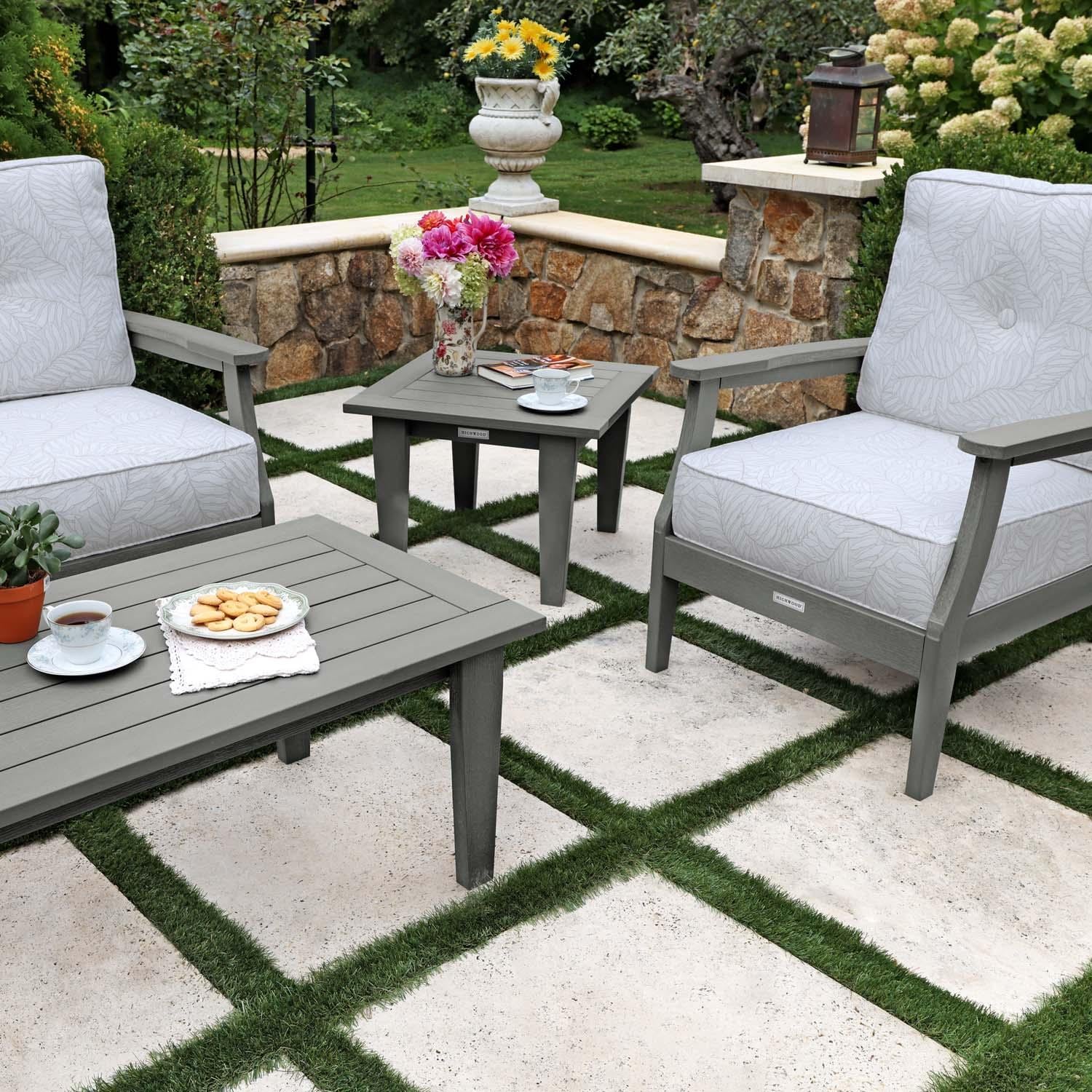 Blushing Bay 4 Pc Recycled Plastic Seating Set in Lively Parchment/Coastal Teak by Lakeview Outdoor Designs - Close Up End Table - Lifestyle thumbnail