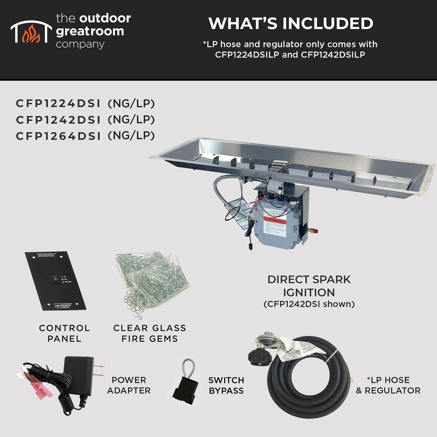 The Outdoor GreatRoom Company CFP1242DSILP-B Crystal Fire Plus 42-in Linear Electronic Ignition Propane Gas Fire Pit Burner Kit - What's Included - Detail thumbnail