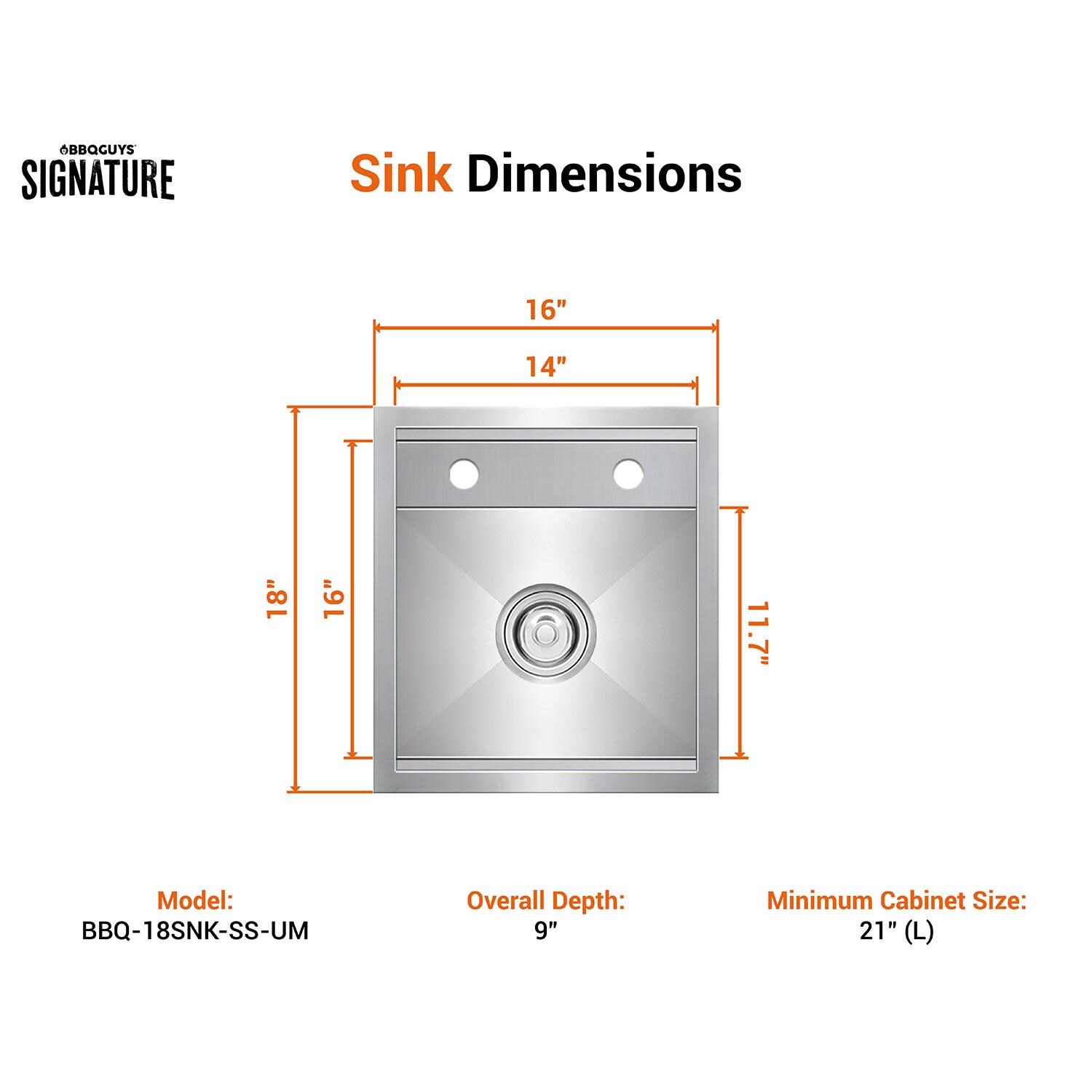 BBQGuys Signature BBQ-18SNK-SS-UM 16 X 18-in Undermount Stainless Steel Outdoor Sink - Dimensional thumbnail