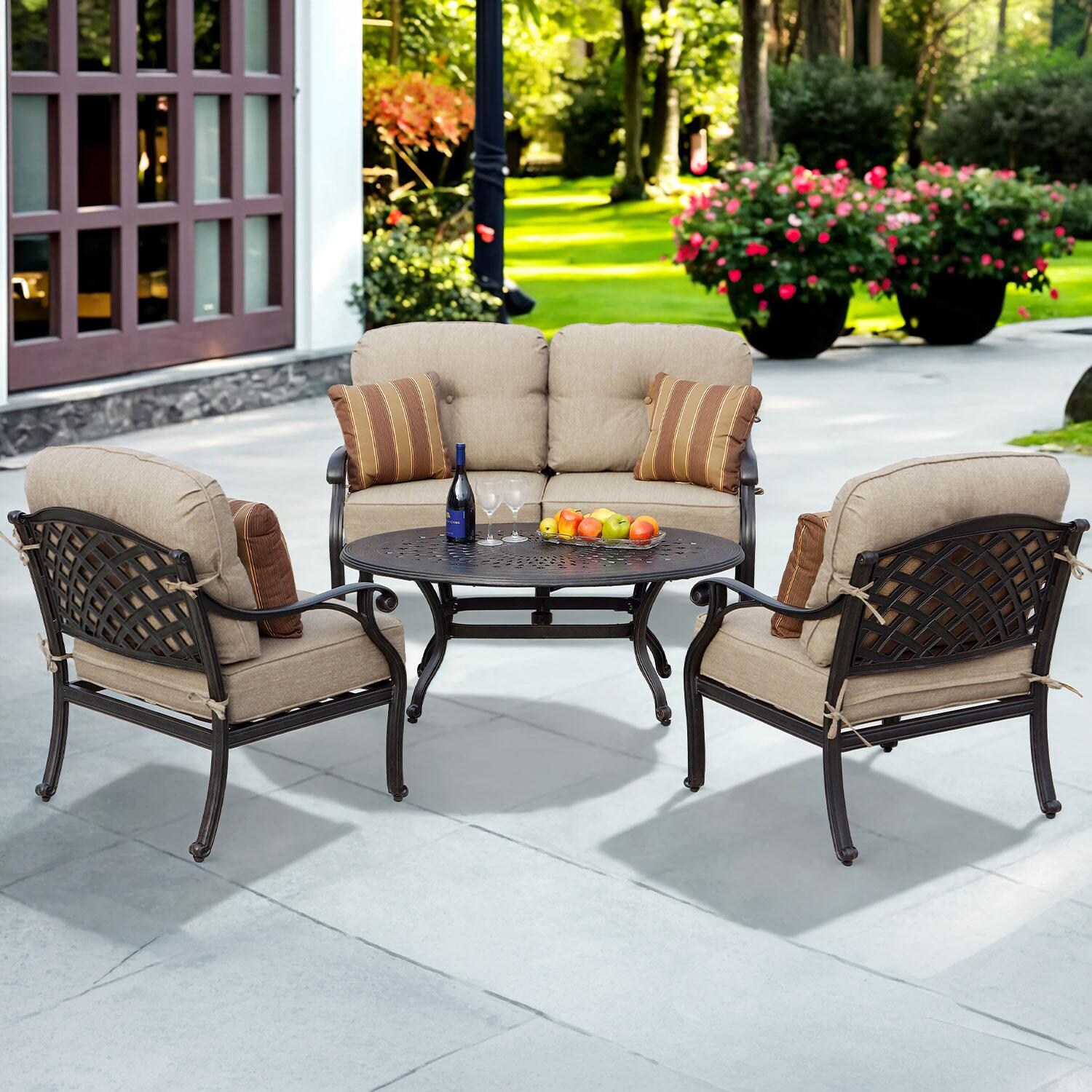 Darlee Nassau 4-Piece Patio Loveseat Conversation Set with Cushions and 31 X 46 Inch Oval Coffee Table - Set - Lifestyle thumbnail