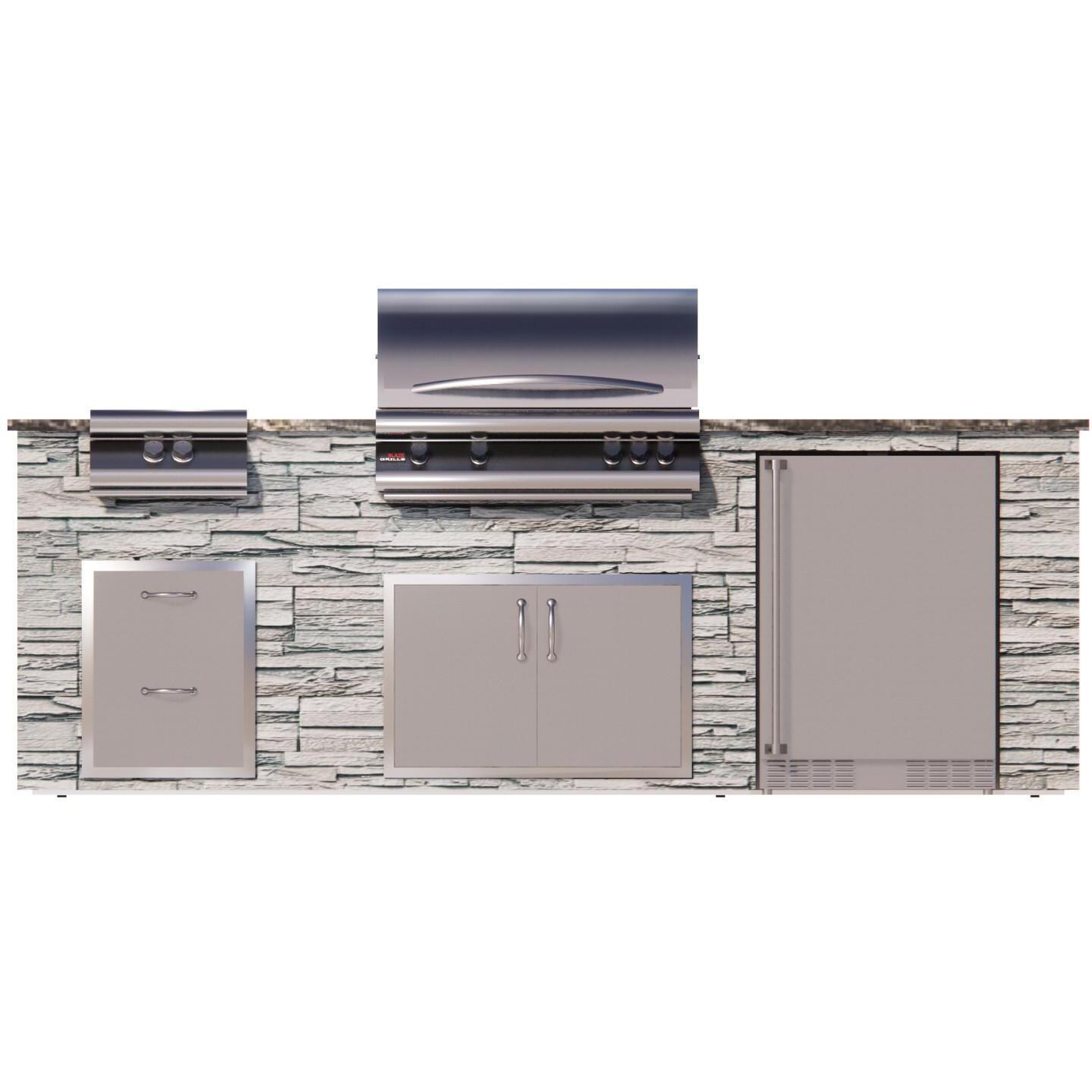 BBQGuys Signature 9-Foot Finished Island Kitchen W/ Blaze Premium LTE 32-Inch Natural Gas Grill, Side Burner, & Outdoor Rated Refrigerator - NY Blue Stone W/ Tiramisu Granite - BZ9-NB-TI