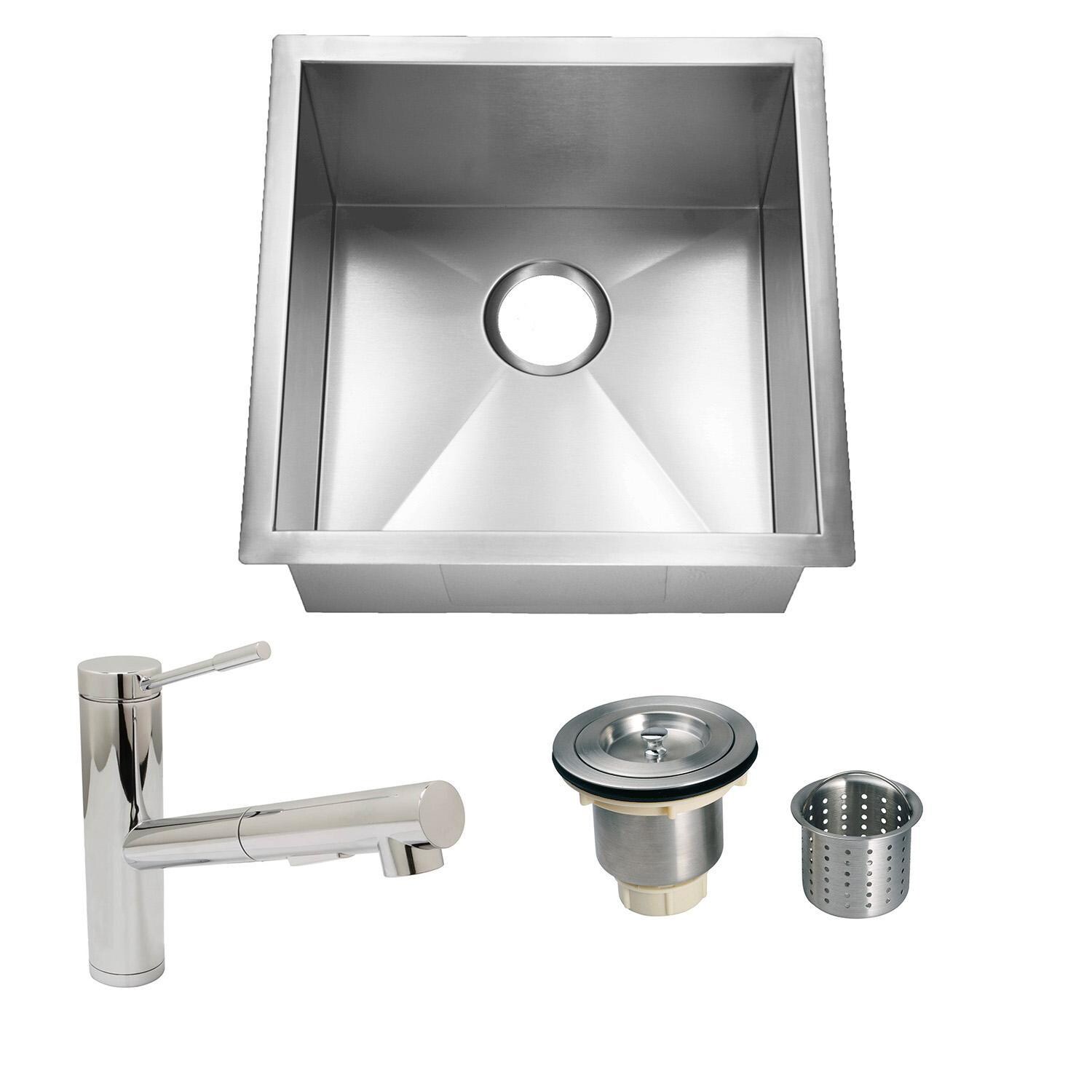 Huntington Brass HBB-1520-N + LI-XD + HBK1623901-PF Homeplace Rusk Zero-Edge 15 X 20 Stainless Steel Outdoor Sink with Huntington Brass Euro Style Pull Out Faucet and Strainer Basket - Bundle - White Background thumbnail