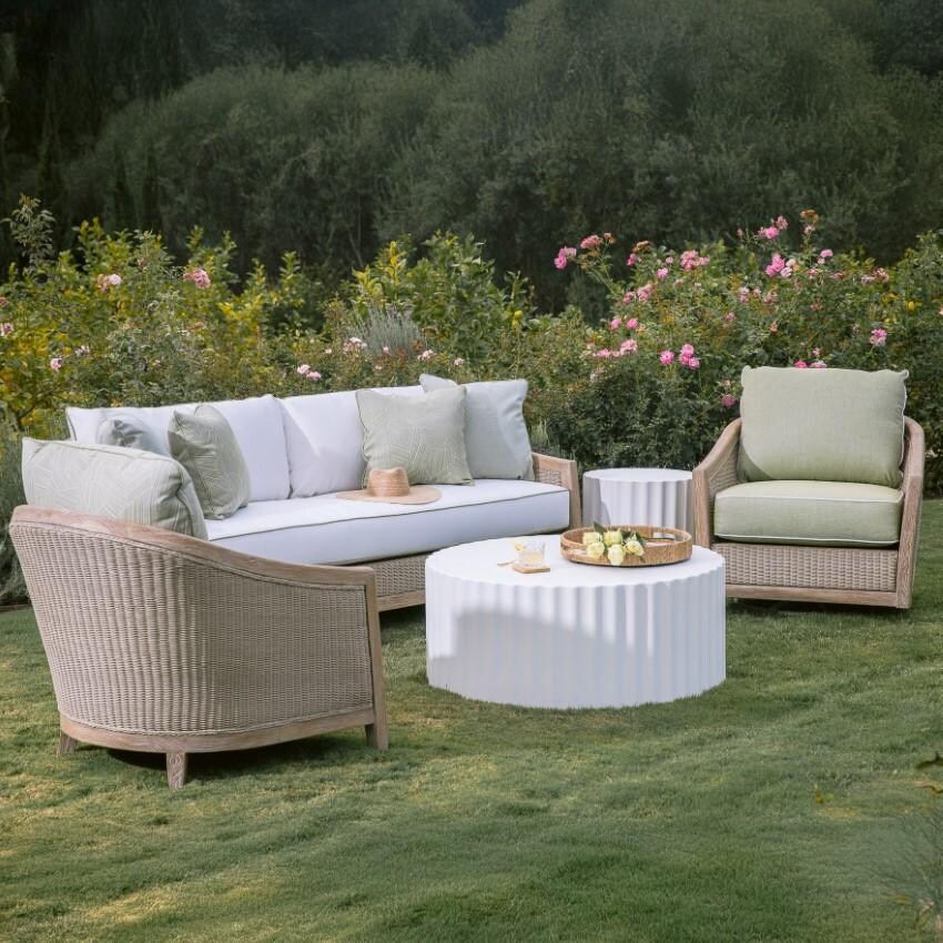 Cambria Teak Sofa in Light Wood/Canvas Canvas by Sunset West - Shown in Garden Angled w/ Companion Pieces (Not Included) - Lifestyle thumbnail