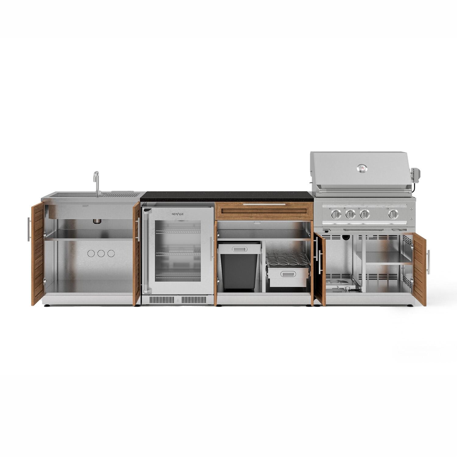NewAge Products 72039 Classic Series 10 Ft Outdoor Kitchen Island w/ 33-in Natural Gas Grill, Sink, Glass Door Refrigerator, Trash Bin, Door & Drawer in Grove/Nano Black - Open - White Background thumbnail