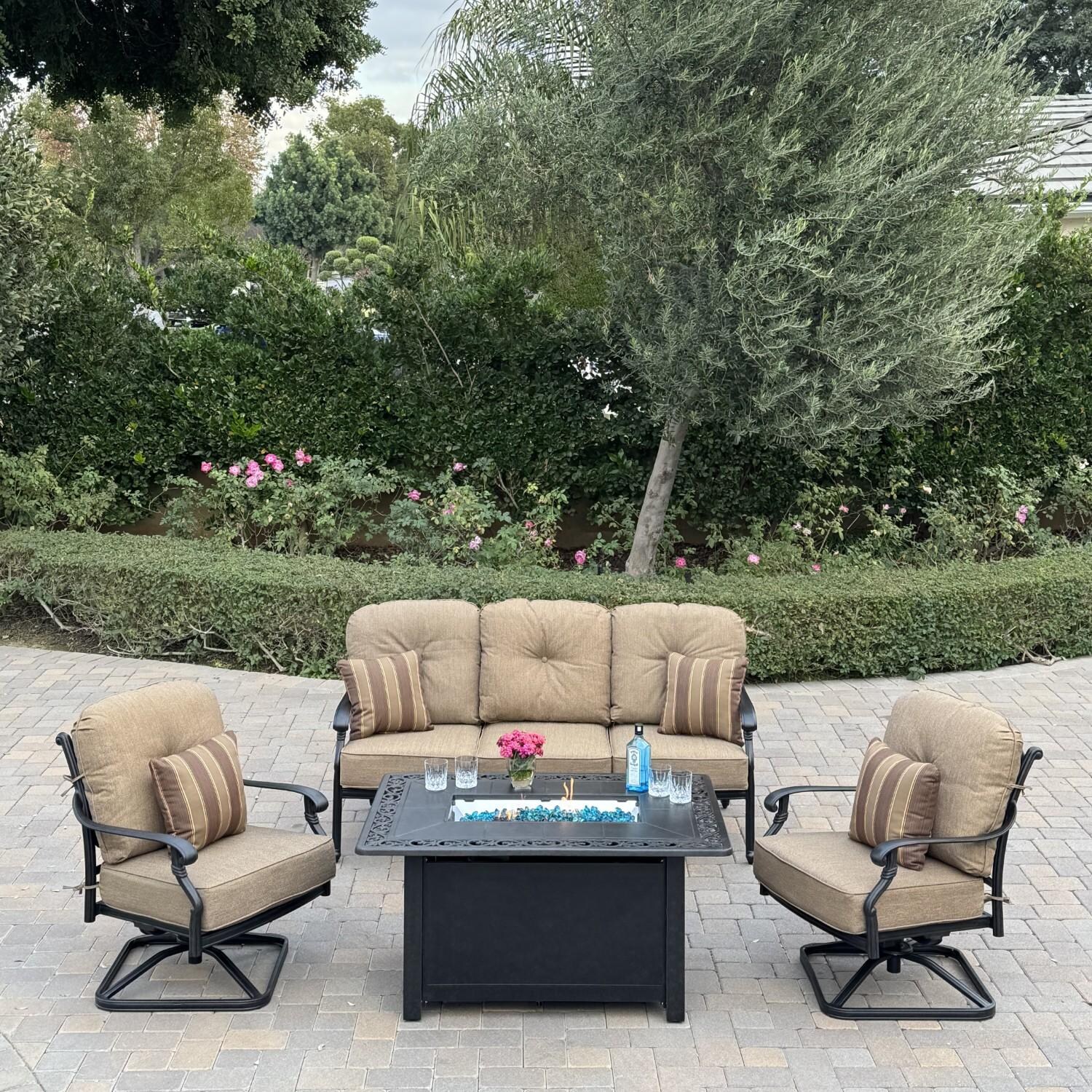 Santa Monica 4 Pc Cast Aluminum Fire Pit Seating Set w/ 2 Rocker Club Chairs and Sofa in Antique Bronze/Sesame by Darlee