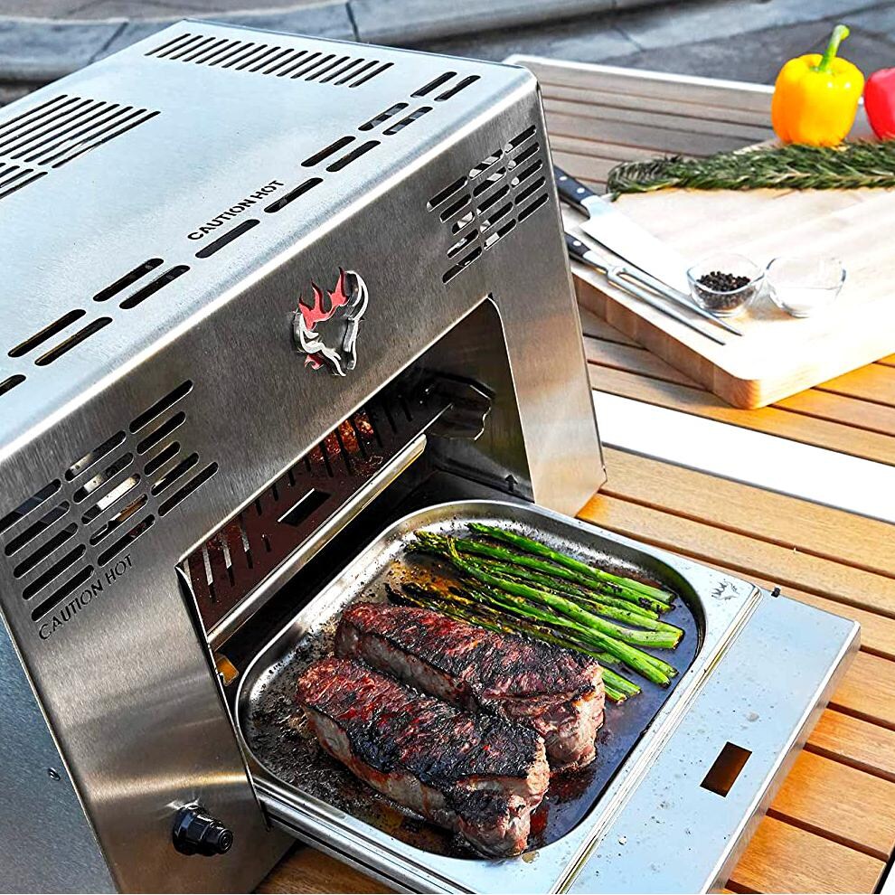 Schwank BB-1001-LP-SS Portable Propane Infrared Grill - Grilling Steaks & Asparagus thumbnail