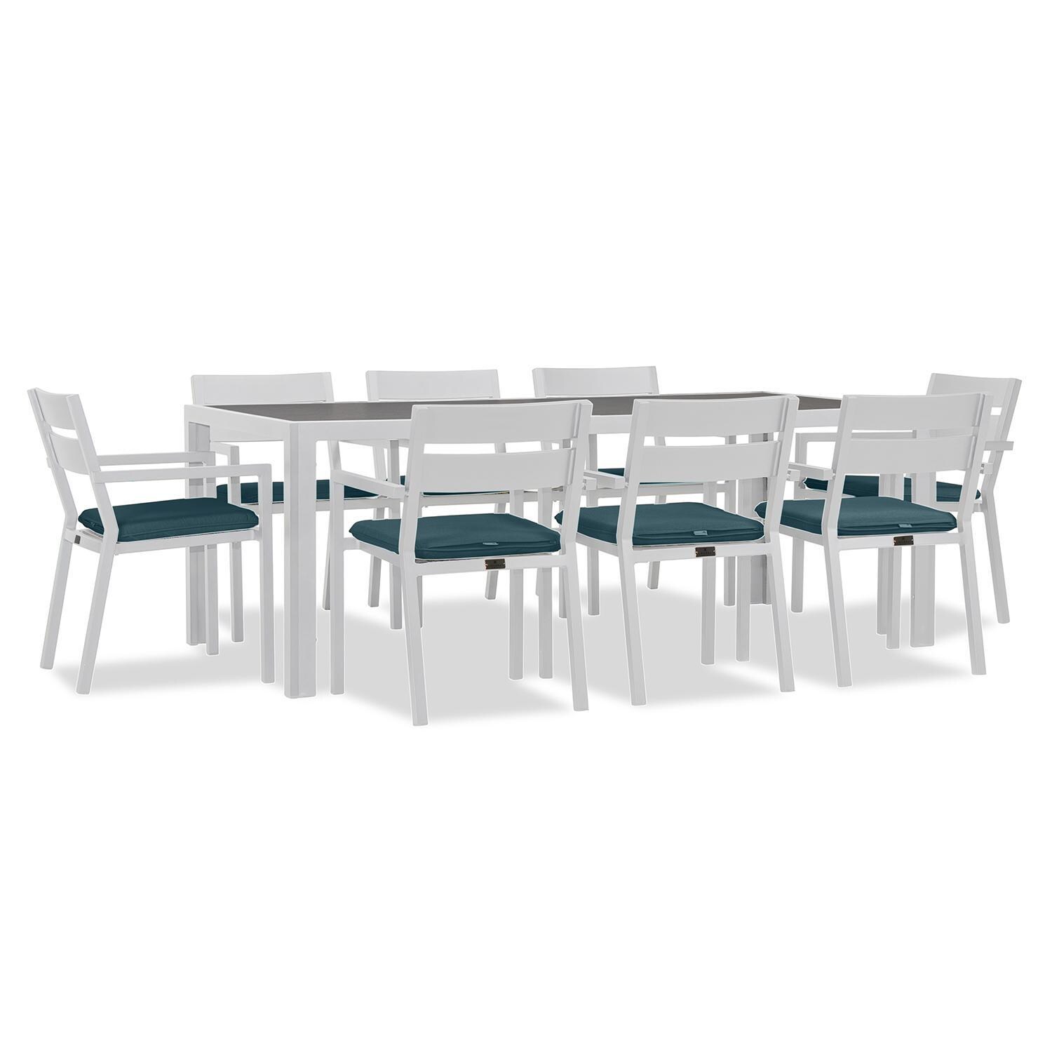 Calm Bay 9 Pc Rectangular Aluminum Dining Set in White/Cast Lagoon by Lakeview Outdoor Designs