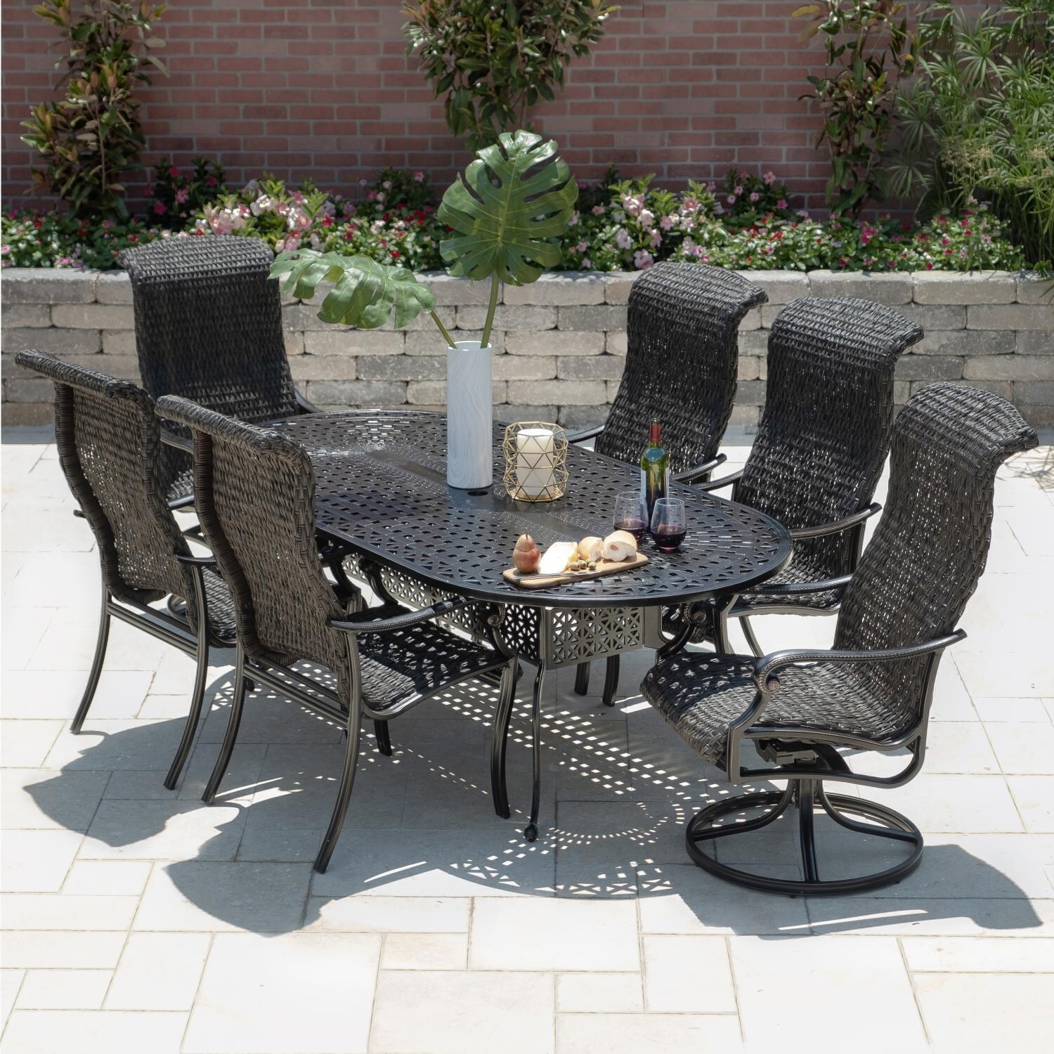 Du Monde 7 Piece Banana Leaf Wicker Patio Dining Set W/ 84 X 42 Inch Oval Dining Table & 2 Swivel Rockers By Lakeview Outdoor Designs