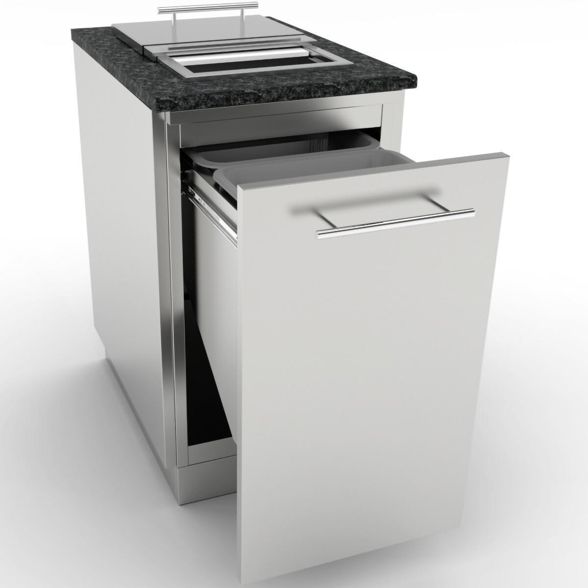 Sunstone SBC18STRD 18-in Outdoor Kitchen Double Trash / Recycling Bin Island Cabinet - Shown Finished With Trash Chute, Countertop & Side Panels (Not Included) - White Background thumbnail