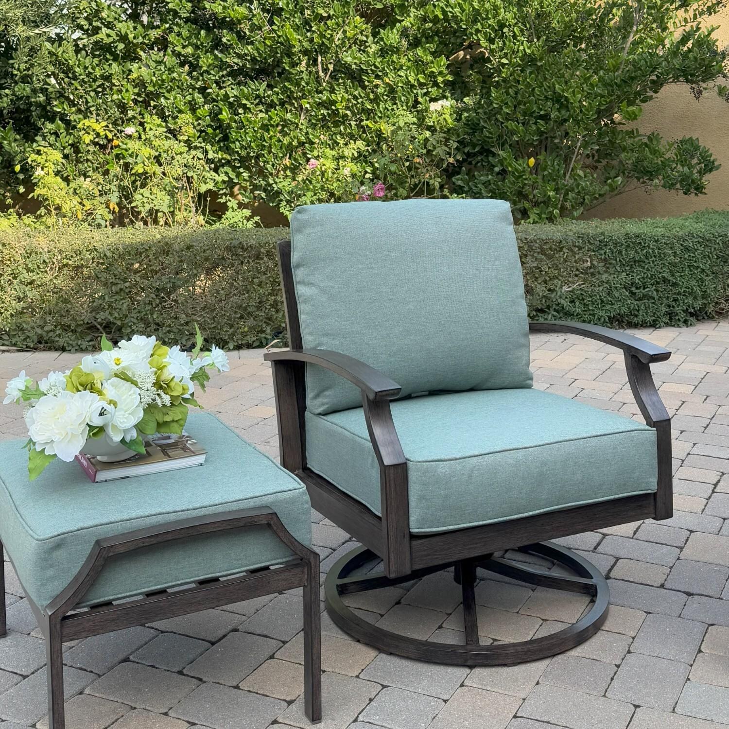 Atlantis 5 Pc Aluminum Seating Set w/ 2 Swivel Rocker Club Chairs & 2 Ottomans in Walnut/Spa by Darlee - Chair & Ottoman - Lifestyle thumbnail