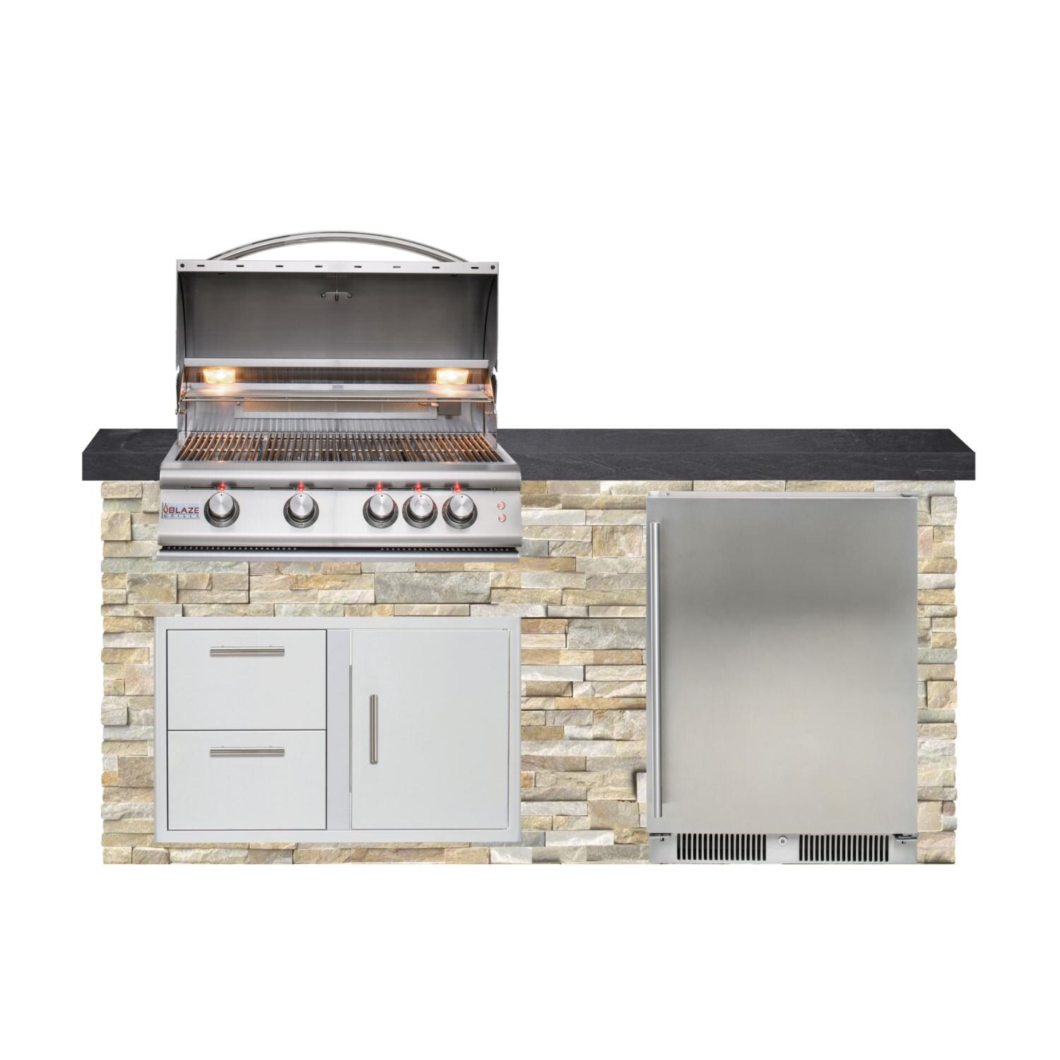 BBQGuys Signature 6ft Luxury Outdoor Island W/ Blaze Premium LTE 32-Inch Natural Gas Grill & Outdoor Rated Refrigerator - Golden Honey Stone W/ Black Polished Granite