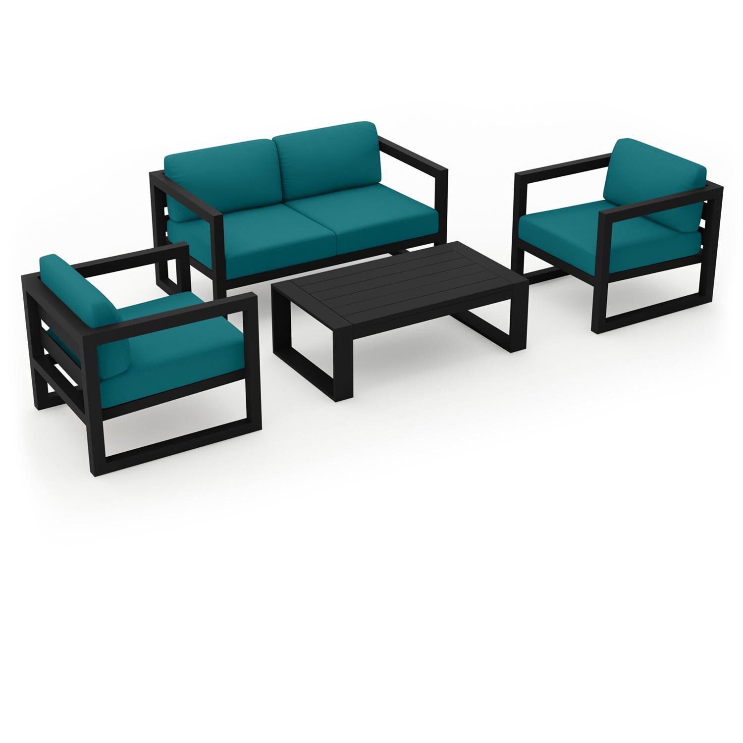 Lakeview MSTYMAS-BK-4SS-PC Misty Cove 4 Pc Aluminum Seating Set in Black w/Loveseat & Spectrum Peacock Cushions by Lakeview Outdoor Designs - Set Angled - White Background thumbnail