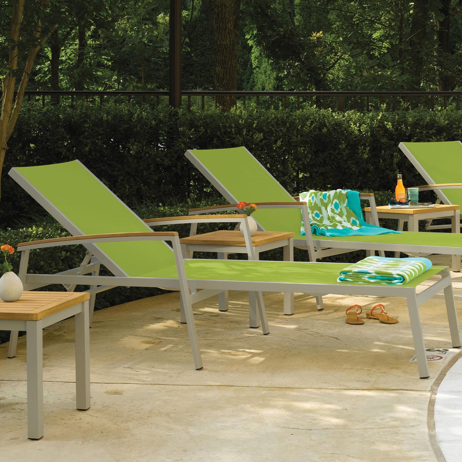 Travira 8 Pc Powder-Coated Aluminum Chaise Lounge Set in Go Green/Natural/Flint By Oxford Garden - Close Up - Lifestyle thumbnail