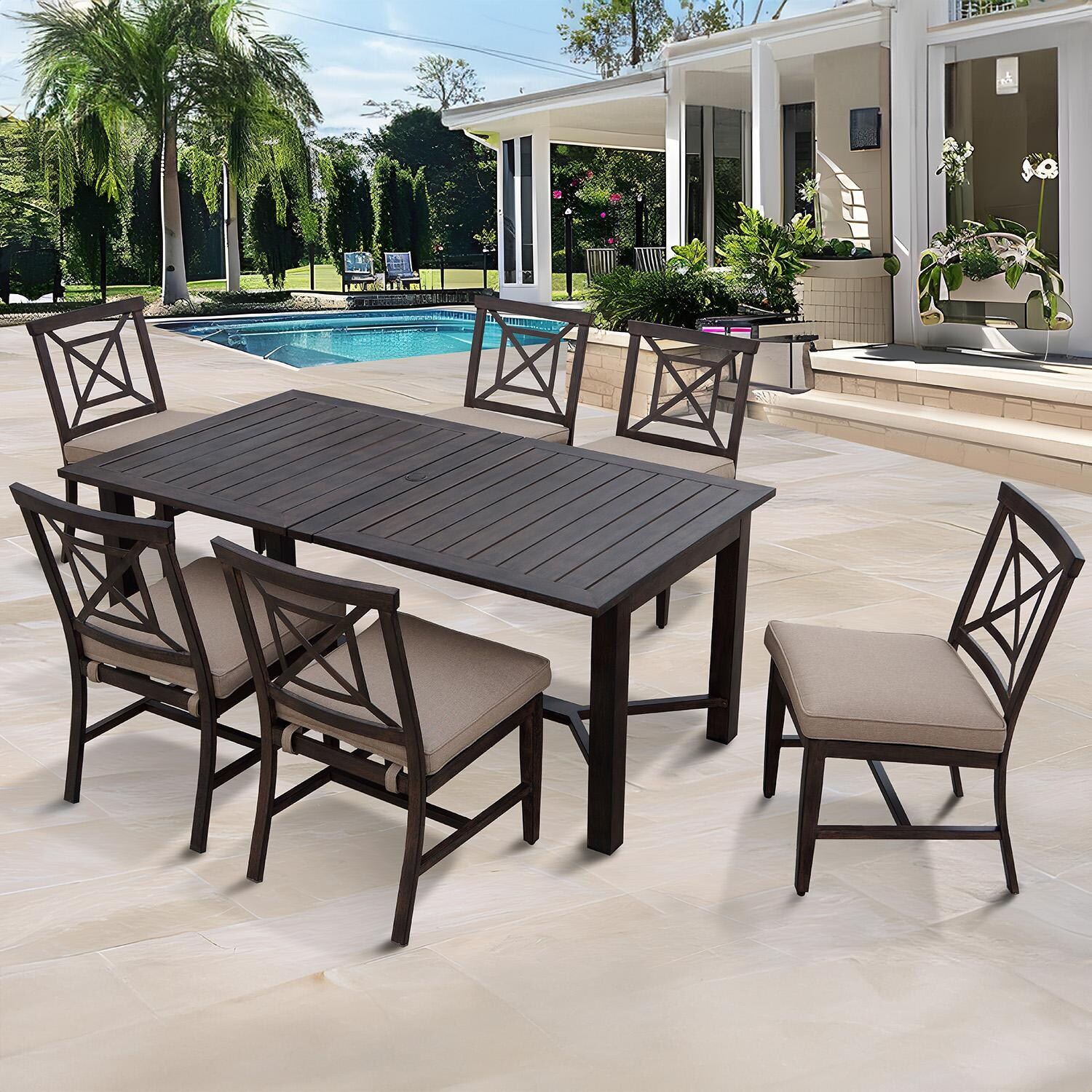 Atlantis 9 Pc Aluminum Dining Set w/ 91 Inch Table and Beige Cushions in Walnut By Darlee - Table Not Extended - White Background thumbnail