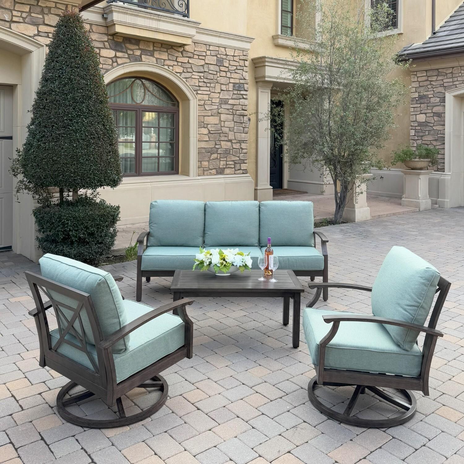 Atlantis 4 Pc Aluminum Seating Set w/ Sofa & 2 Swivel Rocker Club Chairs in Walnut/Spa by Darlee - Hero - Lifestyle thumbnail