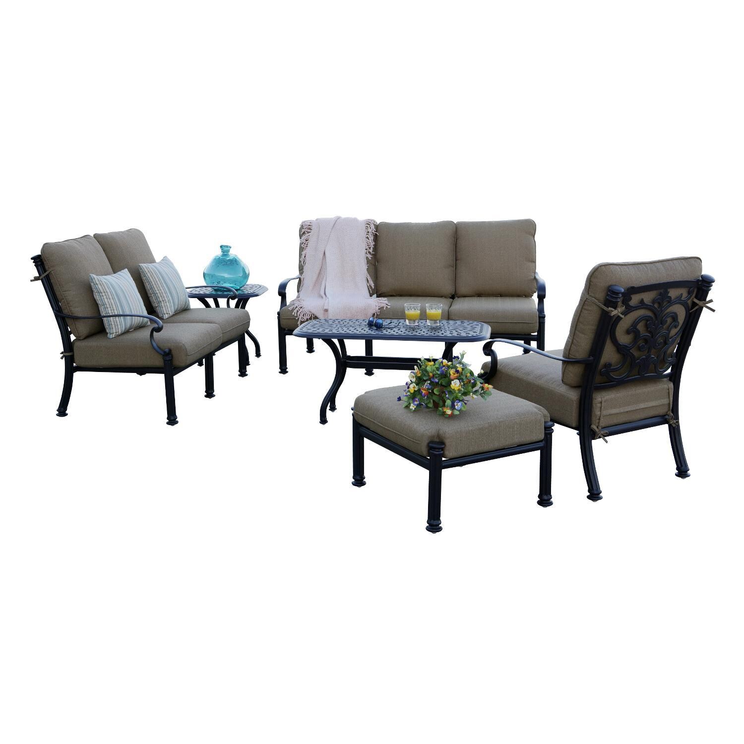 Darlee B/201018-6PC-60AB Santa Barbara 6 Piece Cast Aluminum Patio Conversation Set W/ 21 Inch Square End Table, 42 X 21 Inch Rectangular Coffee Table & Sesame Cushions thumbnail