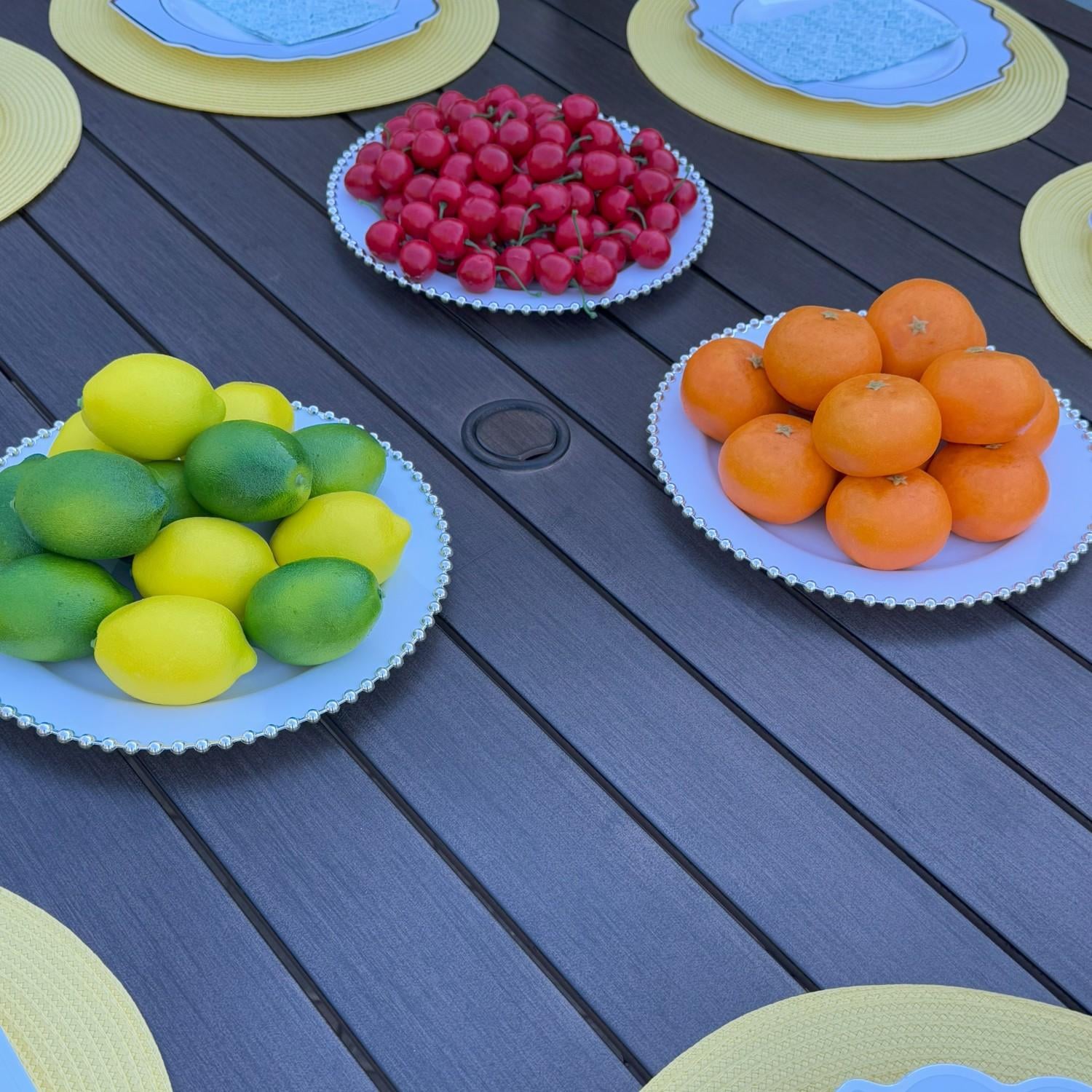 Atlantis 6 Pc Aluminum Dining Set w/ 2 Dining Side Chairs & 3 Two Person Benches in Walnut/Beige by Darlee - Table Close-up - Lifestyle thumbnail