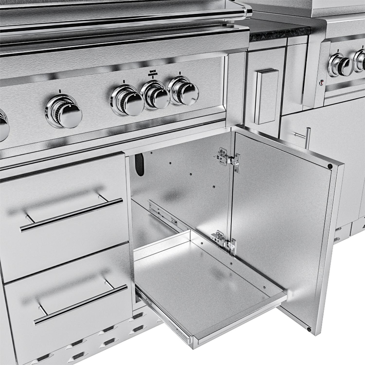 Sunstone Grills SCPFRENCHQUARTER13.7-NG French Quarter 13 1/2 Ft Outdoor Kitchen Island w/ Natural Gas Grill & Sink, Refrigerator, Door & Drawer - Under Grill Storage Right - Detail thumbnail