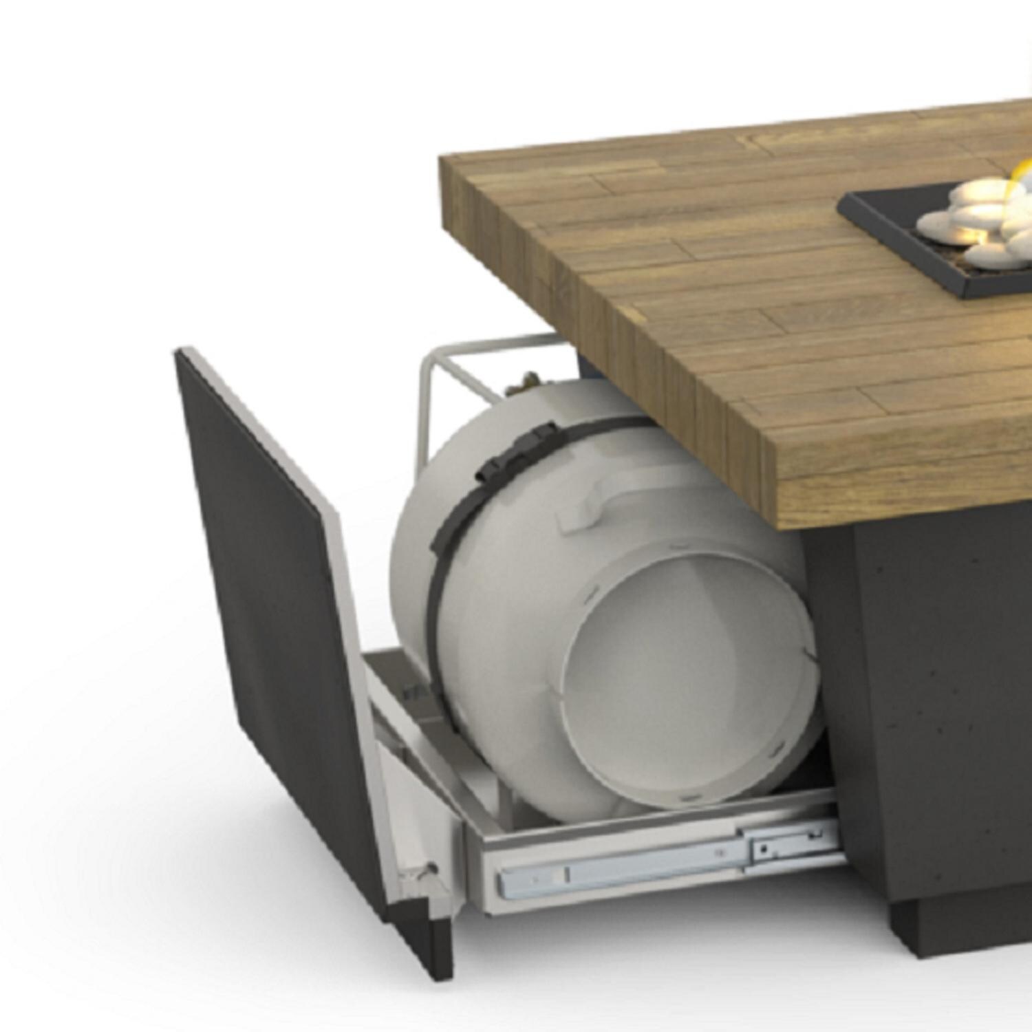 American Fyre Designs 785-BA-FO-M4PC Contempo LP Select 62-Inch Rectangular Propane Gas Fire Table - French Barrel Oak - In Use (Shown W/ LP Cylinder - Sold Separately) thumbnail