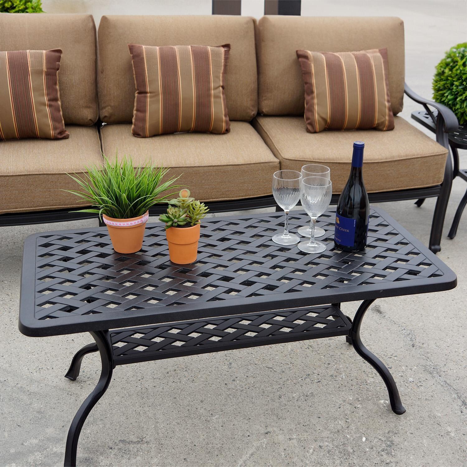 Darlee Nassau 4-Piece Patio Sofa Conversation Set with Cushions and 21 X 42 Inch Rectangular Coffee Table - Sofa and Table - Lifestyle thumbnail