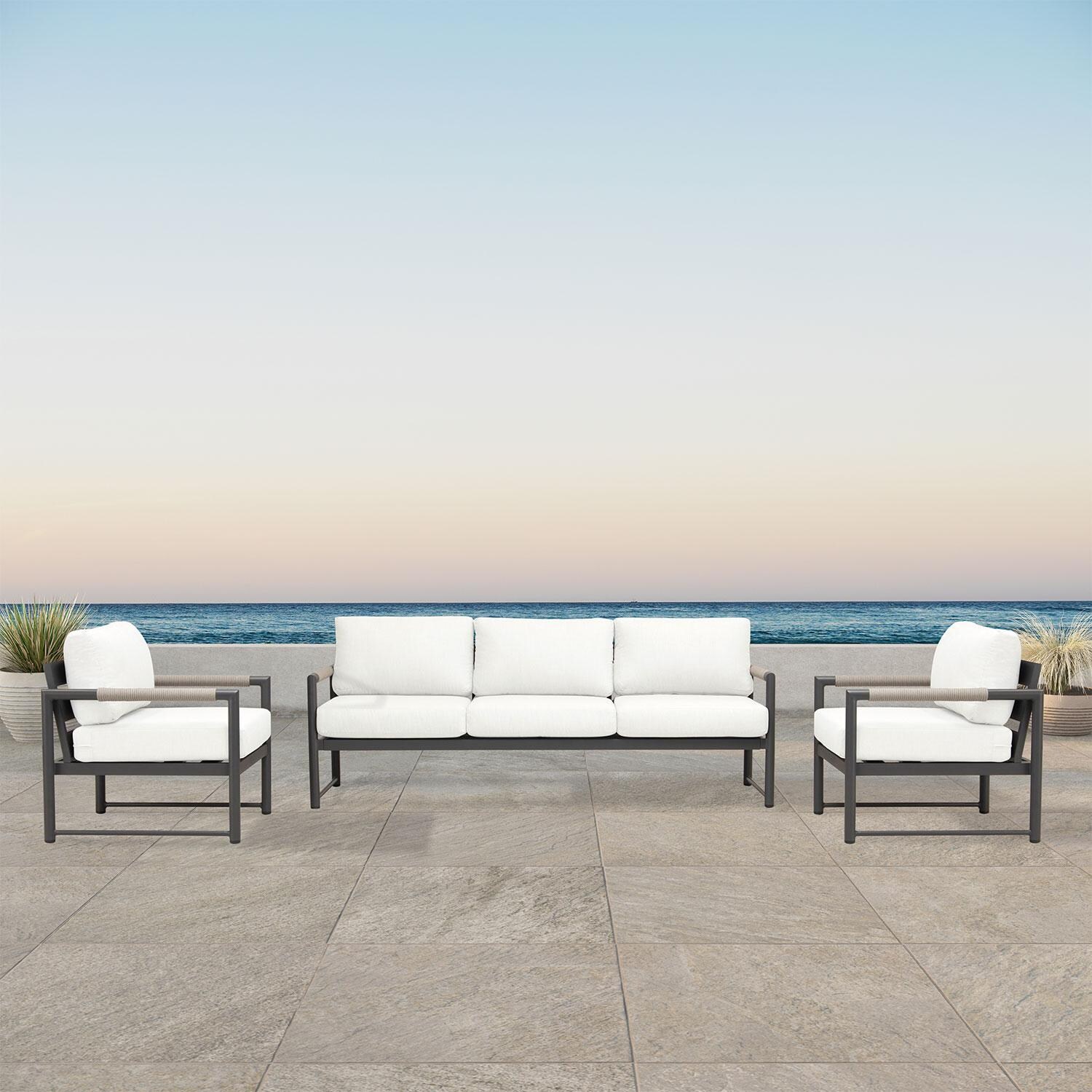 Lakeview AVEBAY-SL-PG-SET141-CN Avenue Bay Slate/Pebble Gray 3 Pc Sofa Club Chair Set - Canvas Natural - On Patio - Lifestyle thumbnail