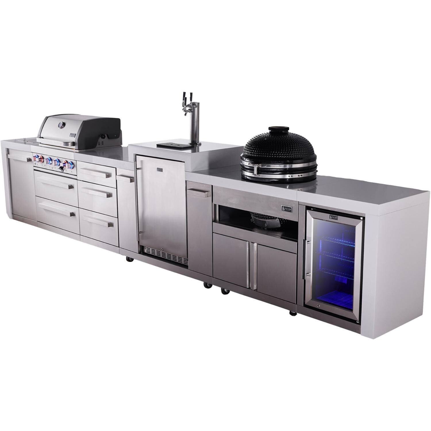 Mont Alpi Deluxe Series 15 1/2 Ft Propane Outdoor Kitchen Island w/ 32-in Grill, Side Burner, Kegerator, Fridge, Kamado Module & Triple Drawer - MAi400-DKEGFCKAMDR - Angled Right - White Background thumbnail