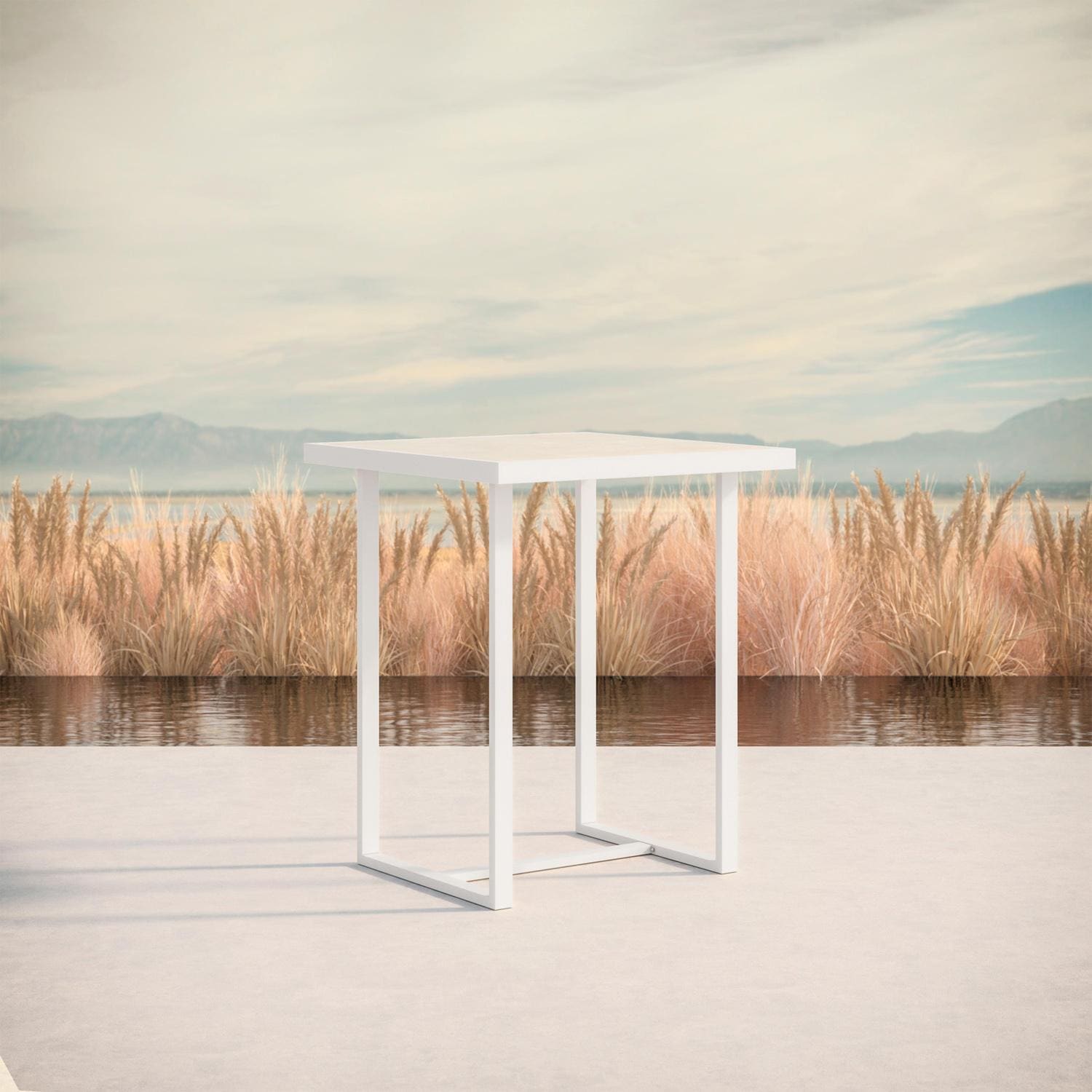 Azzurro Living Pavia 35 Inch White Aluminum Bar Table W/ Albarium Dekton Top - Lifestyle thumbnail