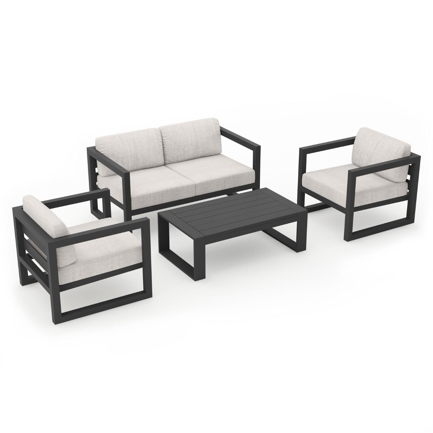 Misty Cove 4 Pc Aluminum Loveseat Set in Slate W/ Cast Silver Cushions & Portal Coffee Table By Lakeview - White Background thumbnail