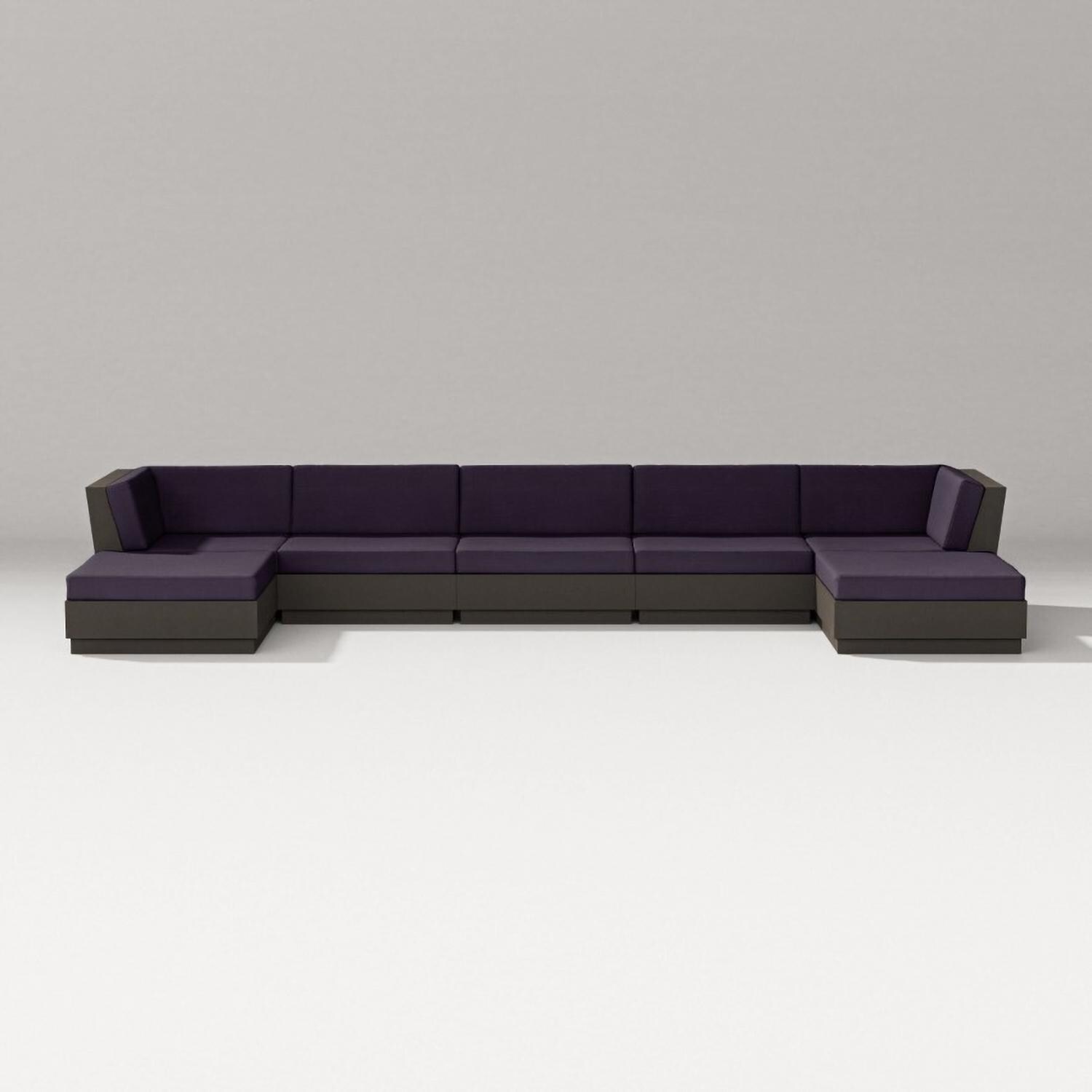 Elevate 7 Pc Recycled Plastic Double Chaise Seating Set in Vintage Coffee/Navy Linen By PW Designer Series
