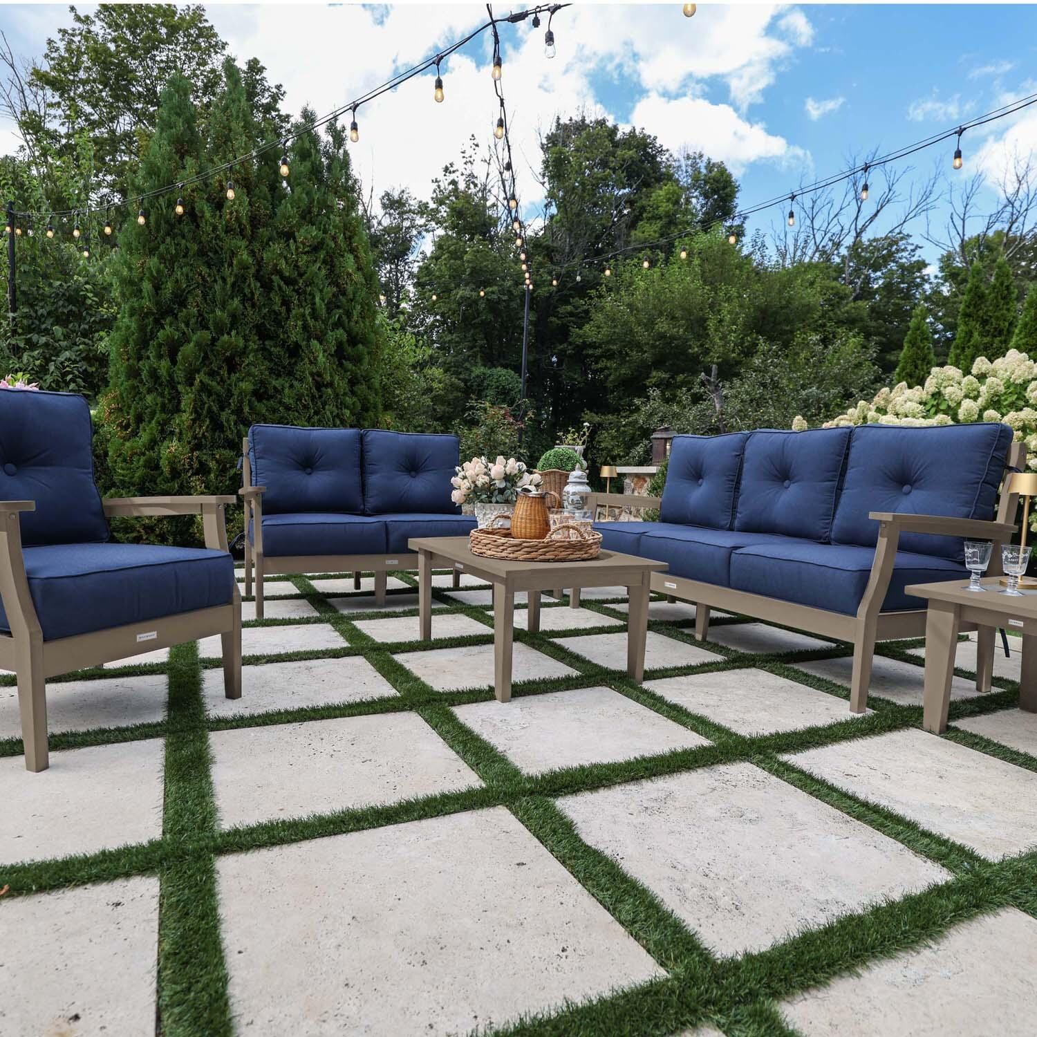 Blushing Bay 6 Pc Recycled Plastic Grand Seating Set in Spectrum Indigo/Woodland Brown by Lakeview Outdoor Designs - Front View - Lifestyle thumbnail