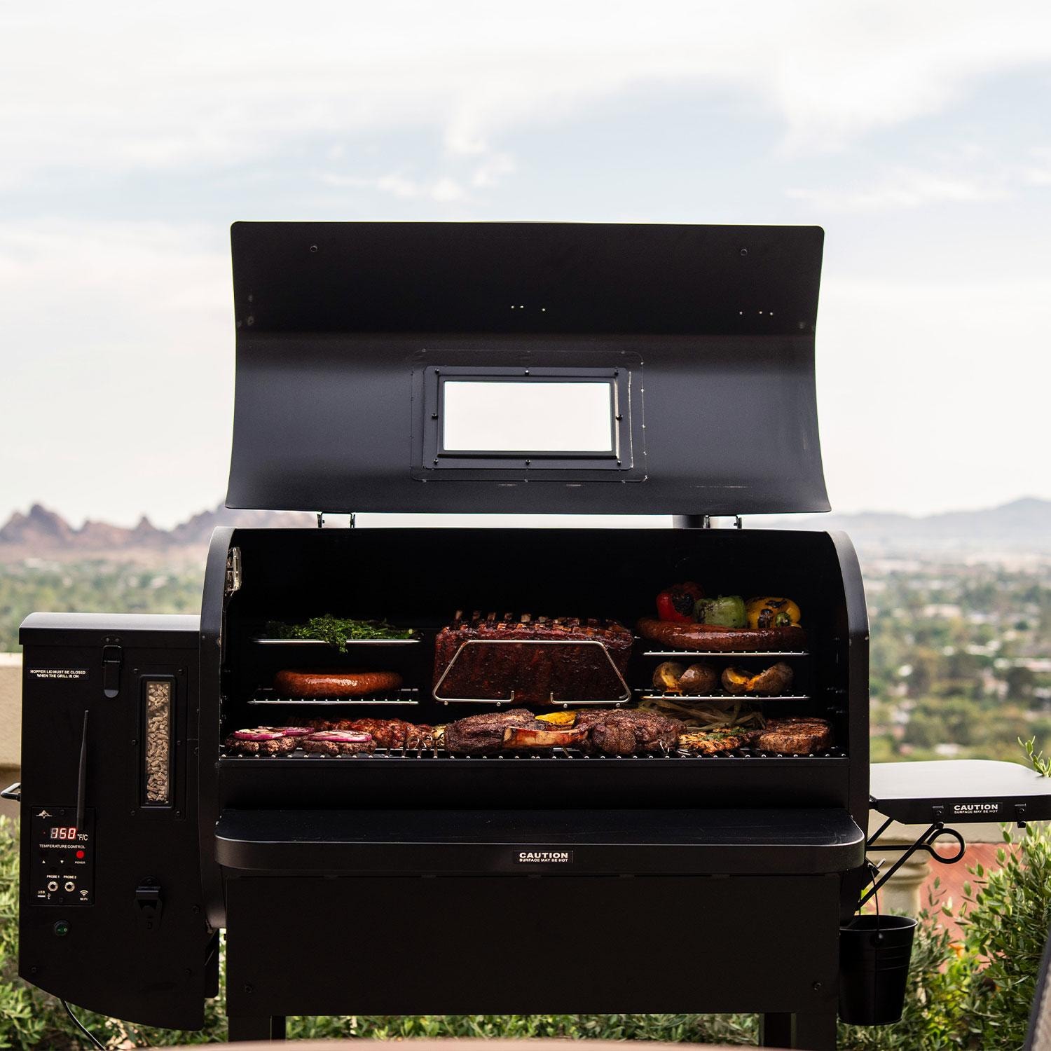 Green Mountain Grills Peak Prime 2.0 WiFi Pellet Grill w/ Cover - Lid Up - Food - Lifestyle thumbnail