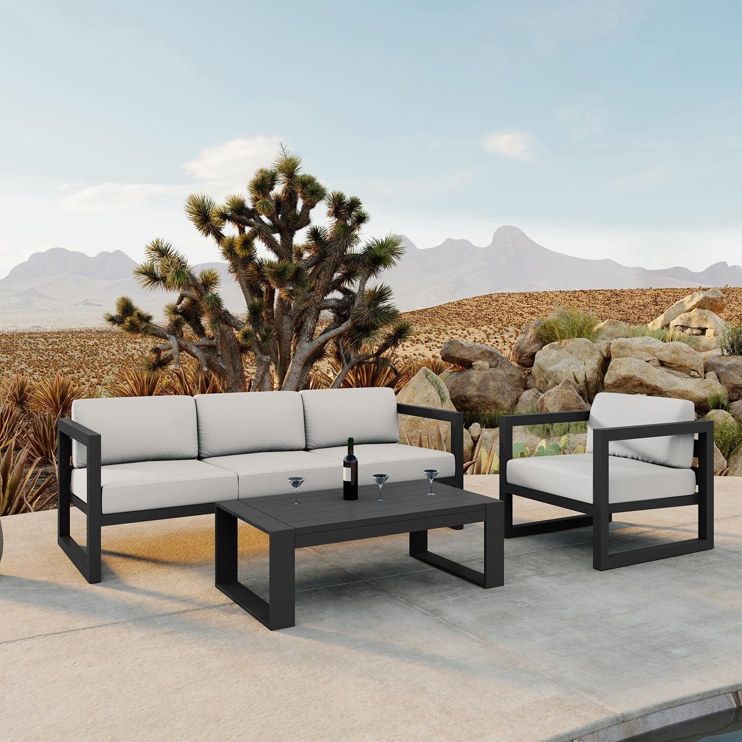 Misty Cove 3 Pc Aluminum Seating Set w/ Sofa & Portal Coffee Table in Slate/Canvas Natural by Lakeview Outdoor Designs