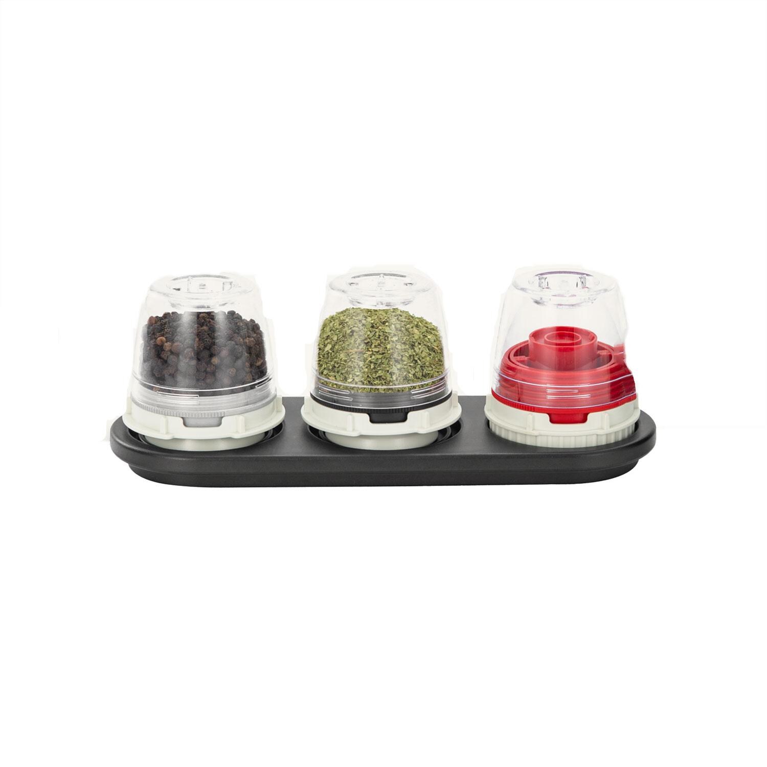 FinaMill FMA102-1BLK Black Trio Stackable Tray - Spices Added (Not Included) - White Background thumbnail