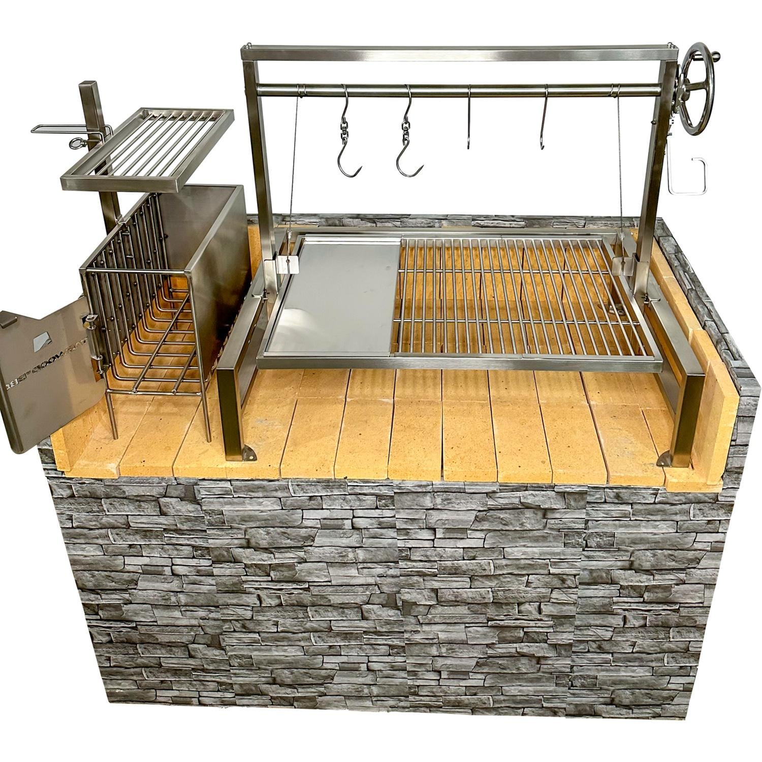 Tagwood BBQ BBQ09SSFRONT Insert Style Argentine Santa Maria Wood Fire & Charcoal Gaucho Grill without firebricks - Door Open (Shown Installed in Island) - White Background thumbnail