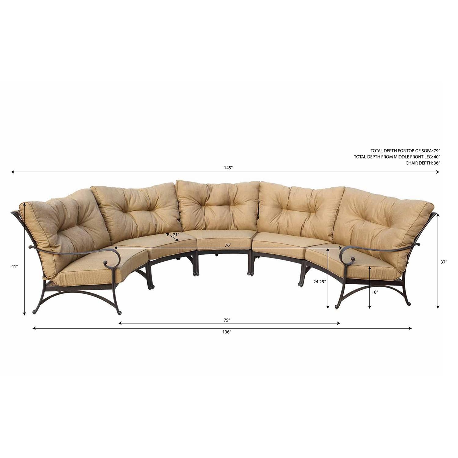 Santa Anita 5 Pc Cast Aluminum Patio Sectional Sofa w/ Sesame Sunbrella Cushions by Darlee - Dimensional thumbnail