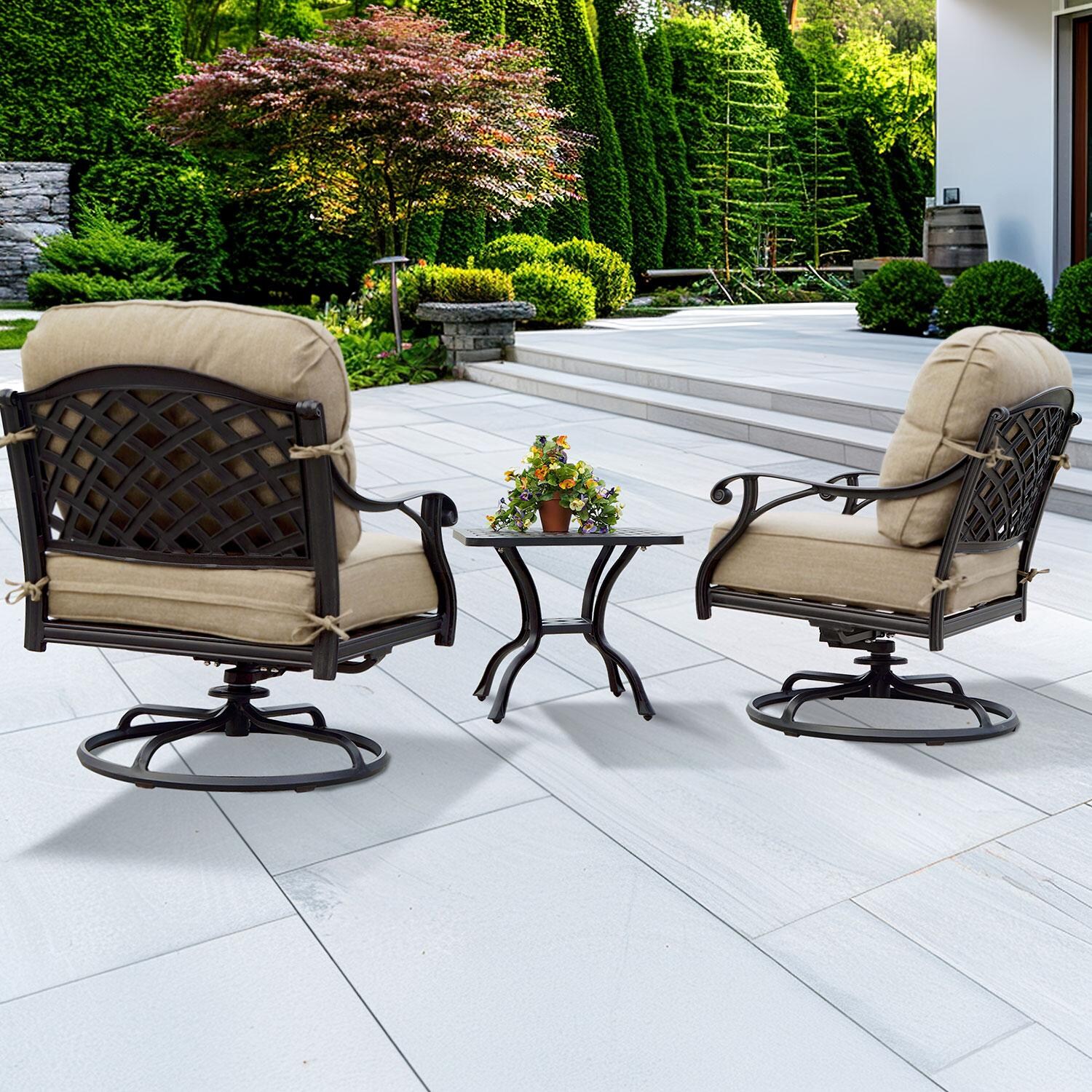 Darlee DL603-3-2 Nassau 2 Piece Cast Aluminum Patio Swivel Rocker Club Chair Set W/ Beige Canvas Cushions - Rear View - Lifestyle