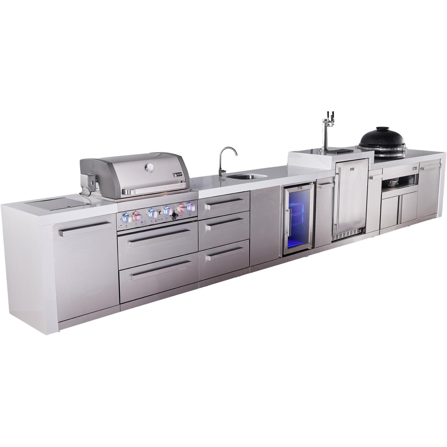 Mont Alpi Deluxe Series 15 1/2 Ft Natural Gas Outdoor Kitchen Island w/ 32-in Grill, Side Burner, Beverage Center, Kegerator, Kamado Module & Triple Drawer (Ships Propane w/ Conversion Kit) - Angled Left - White Background thumbnail