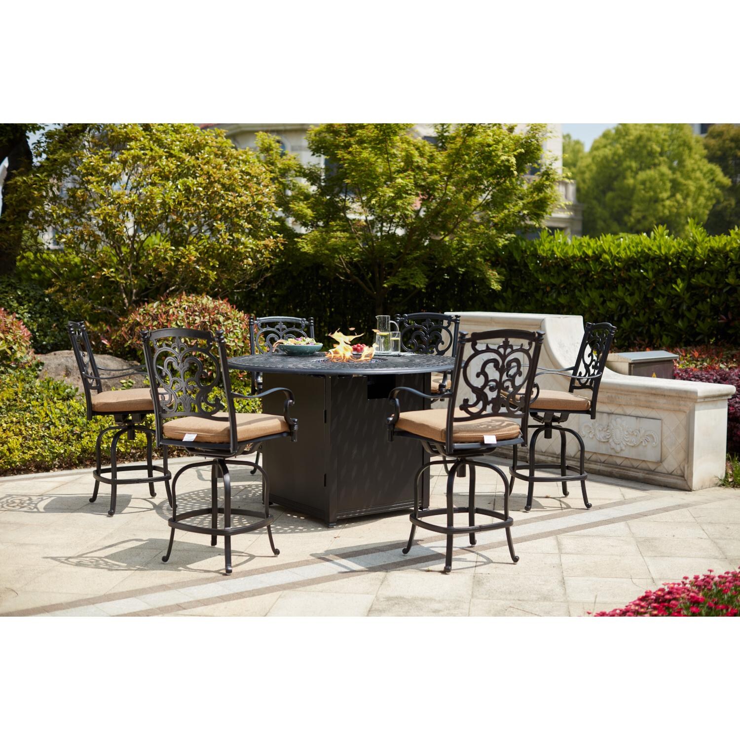Darlee 201010-7PC-60GHD Santa Barbara 7 Piece Cast Aluminum Patio Counter Height Fire Pit Bar Set W/ 60 Inch Round Table & Sesame Cushions - Lifestyle thumbnail