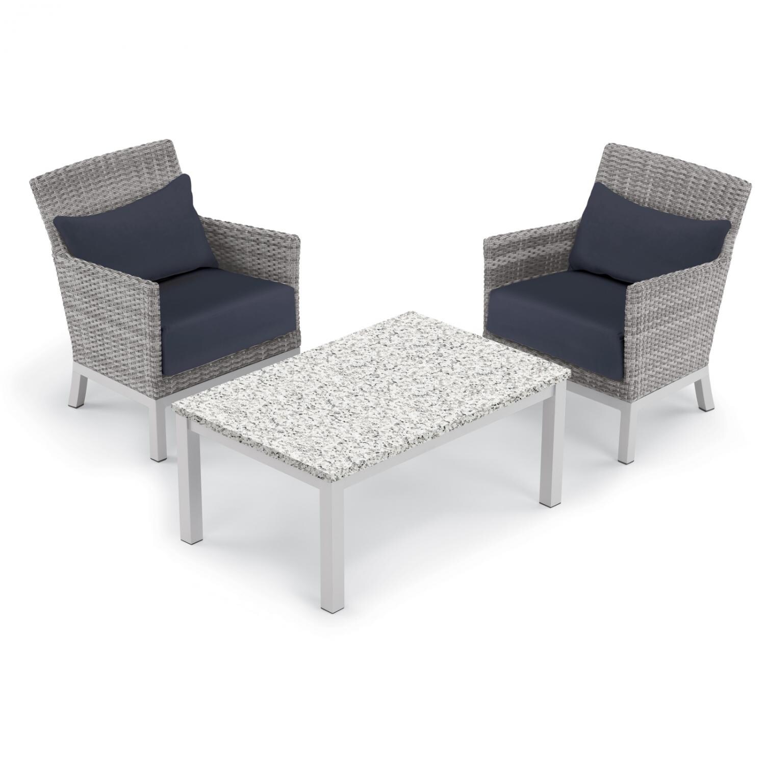 Argento 3 Piece Wicker Patio Conversation Set W/ Lite-Core Ash Coffee Table, Midnight Blue Cushions & Lumbar Pillows By Oxford Garden