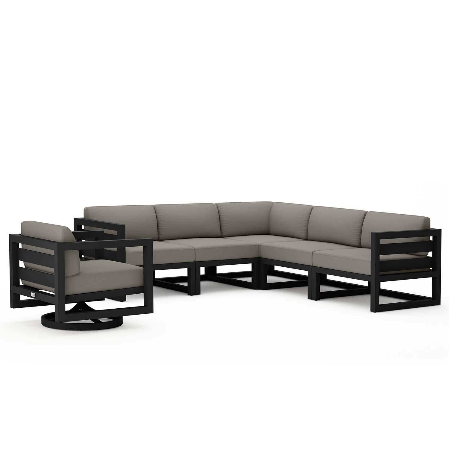 Misty Cove 6 Pc Aluminum Sectional Seating Set w/ Swivel Chairs in Black/Canvas Charcoal by Lakeview Outdoor Designs - Angled - White Background thumbnail