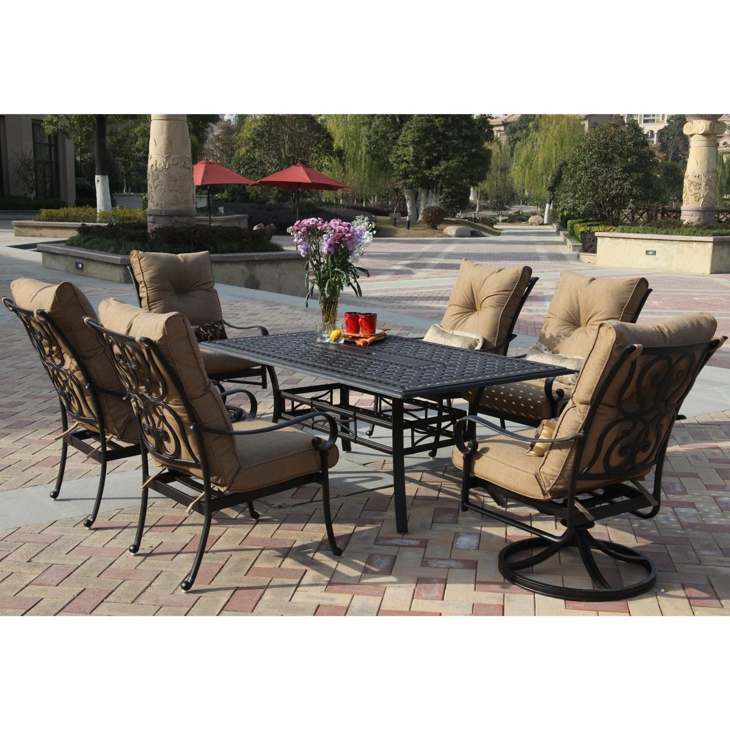 Santa Anita 7 Pc Cast Aluminum Patio Dining Set w/ 72 X 42-in Rectangular Table & Heather Beige Sunbrella Cushions By Darlee - Back Patio - Full View - Lifestyle thumbnail