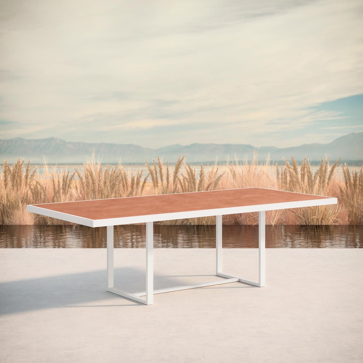 Azzurro Living Kamari 96 Inch White Aluminum Dining Table W/ Umber Dekton Top - Lifestyle thumbnail