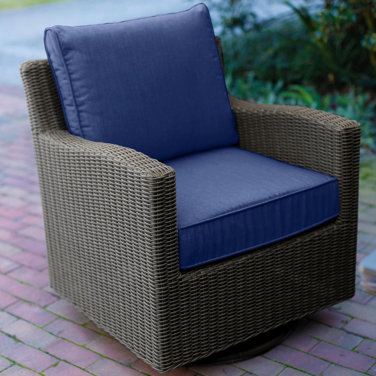 Palma 7 Pc Wicker Sectional Set in Rattan / Spectrum Indigo - Swivel Chair on Patio - Lifestyle thumbnail