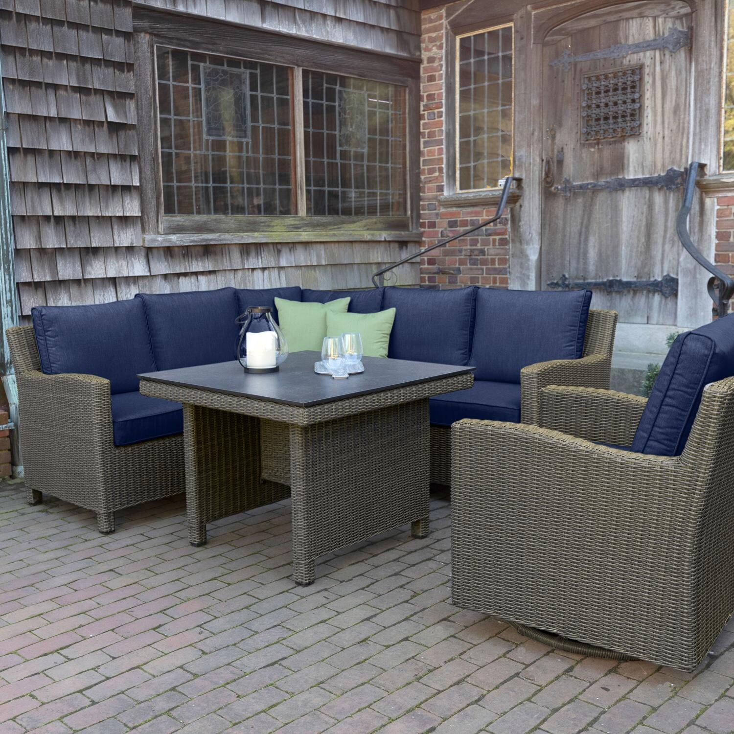 Palma 7 Pc Wicker Sectional Set in Rattan / Spectrum Indigo - On Patio - Lifestyle thumbnail