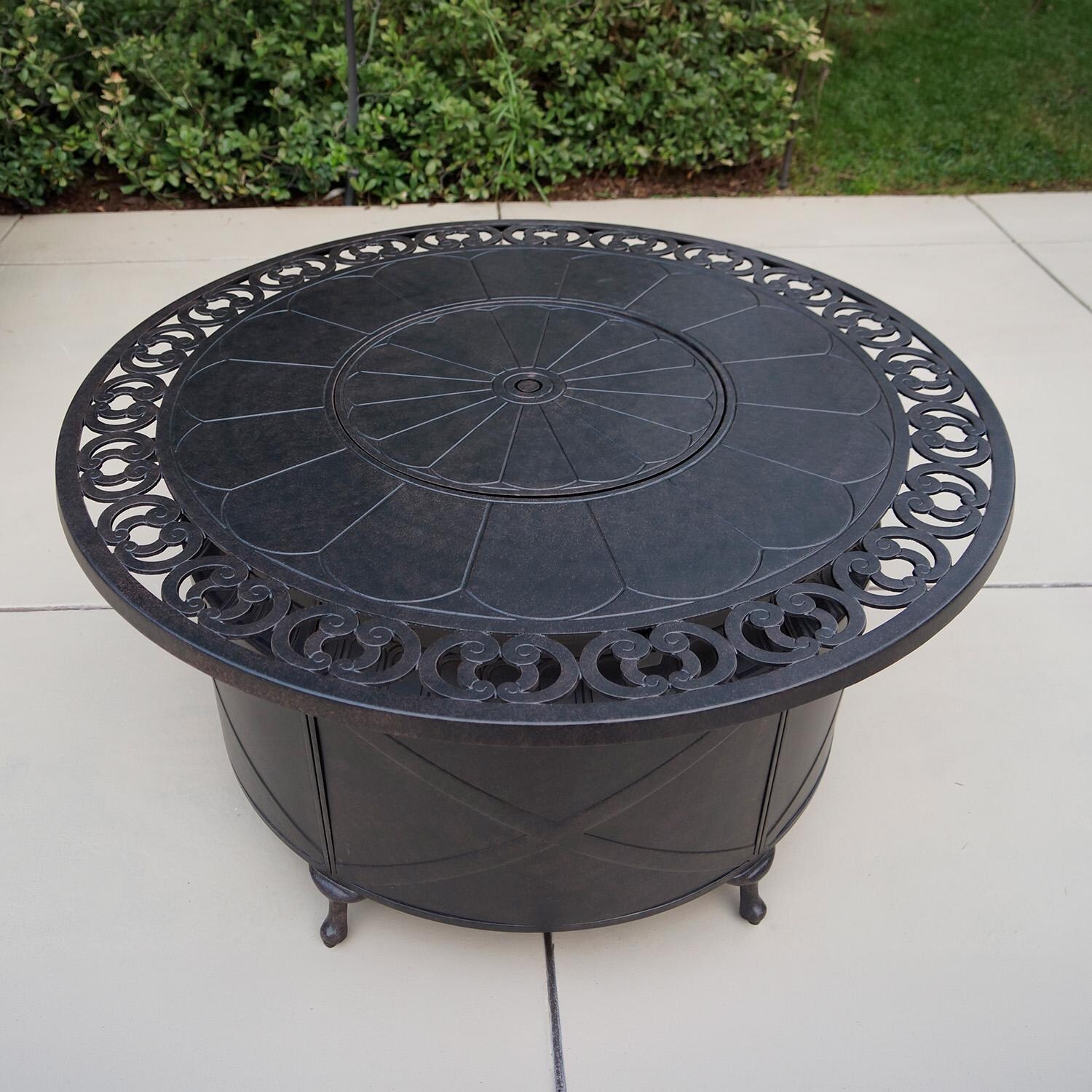 Darlee Elisabeth 6 Pc Cast Aluminum Fire Pit Sofa Seating Set w/ 47 Inch Table & Throw Pillows in Antique Bronze/Beige - Table w/ Cover - Lifestyle thumbnail