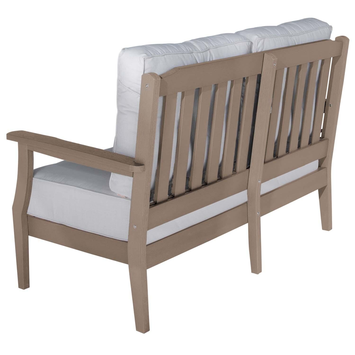 Blushing Bay 2 Person Recycled Plastic Loveseat in Bliss Linen/Woodland Brown by Lakeview Outdoor Designs - Back View - White Background thumbnail