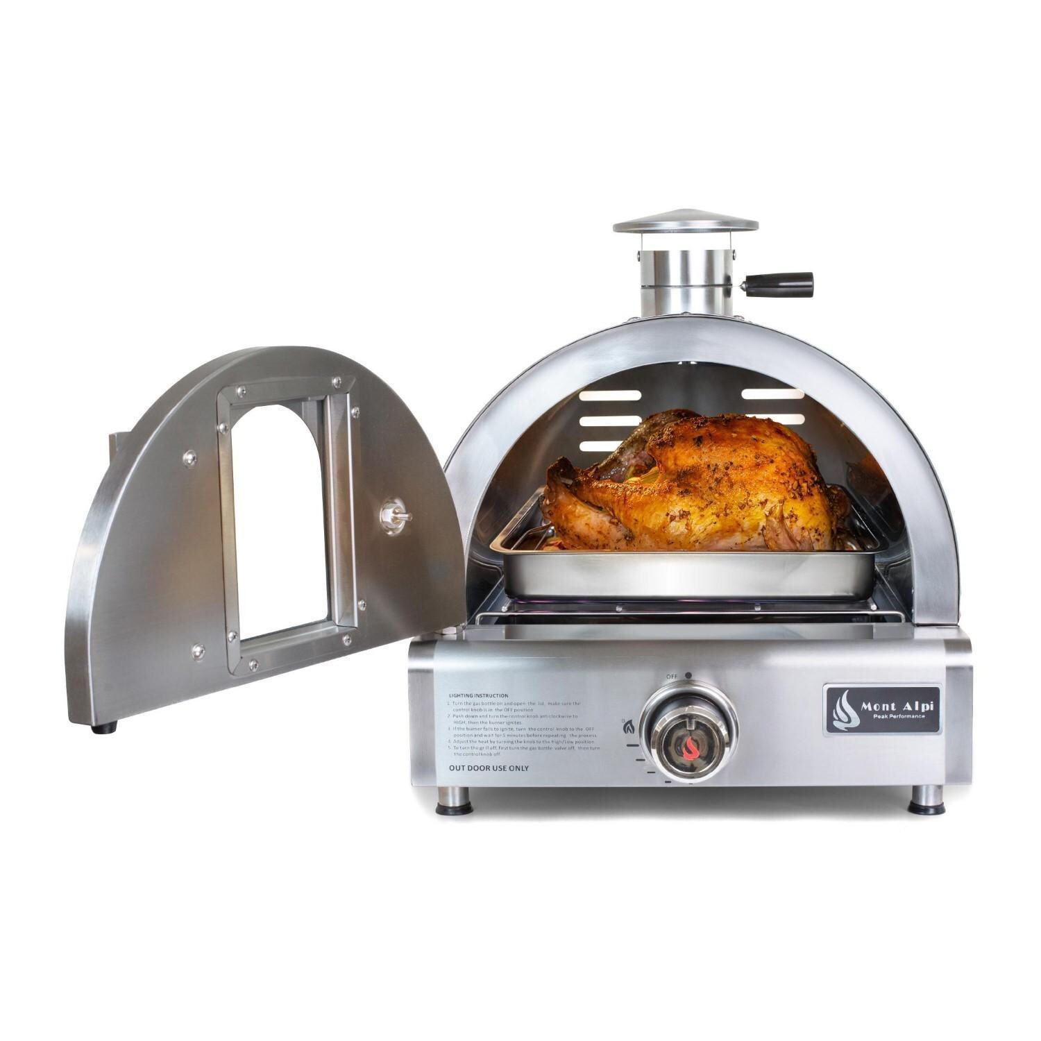 Mont Alpi MAPZ-SS Portable Natural Gas Outdoor Pizza Oven - With Chicken Inside - White Background thumbnail