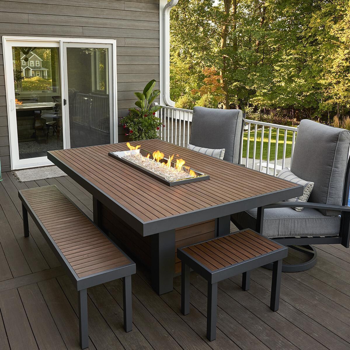 Revere 5 Pc Cast Aluminum Natural Gas Fire Pit Dining Set in Brown by Lakeview Outdoor Designs (Ships Propane w/ Conversion Kit) - On Patio Lit - Lifestyle thumbnail